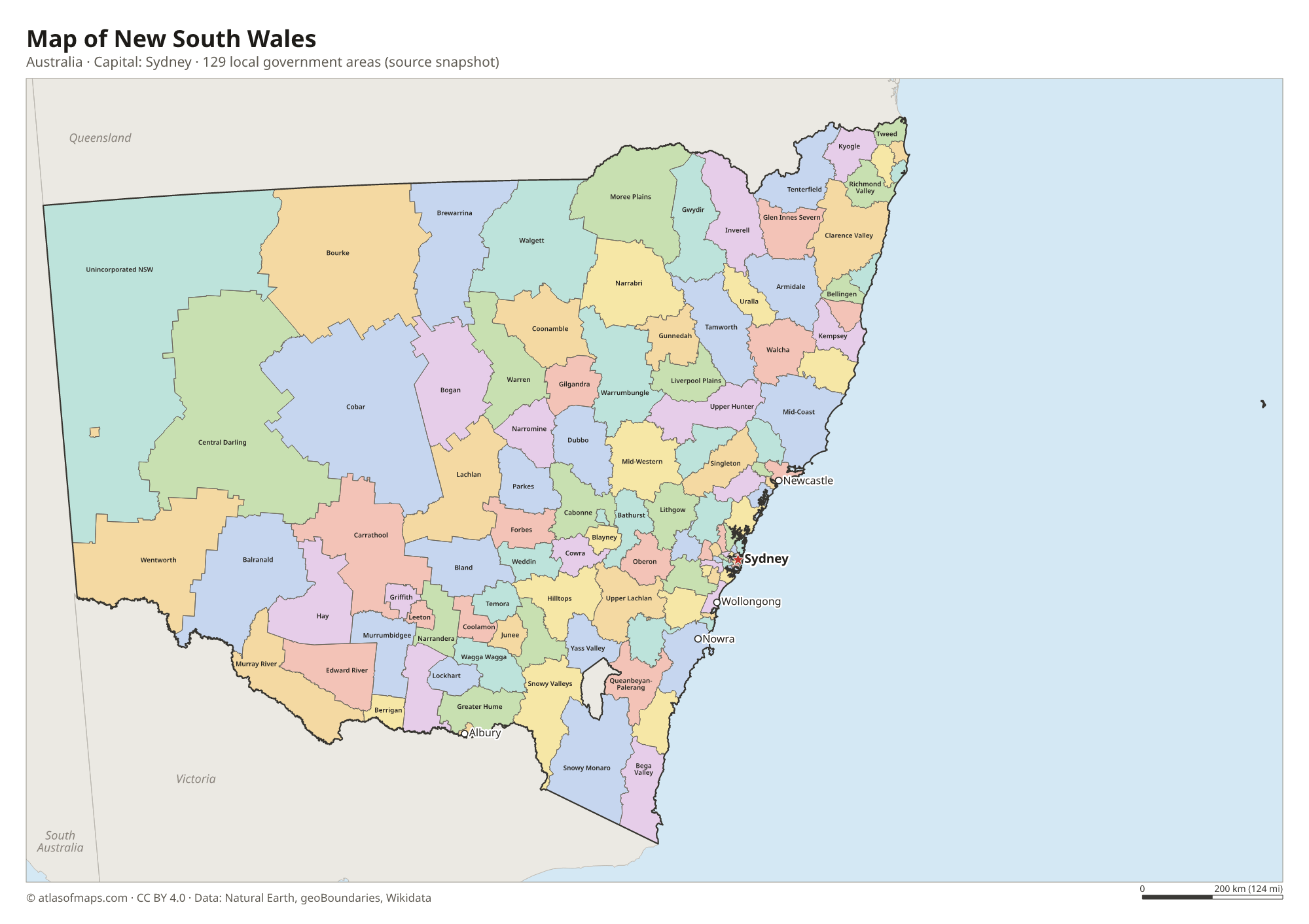 Map of New South Wales with the capital Sydney, cities and local government areas