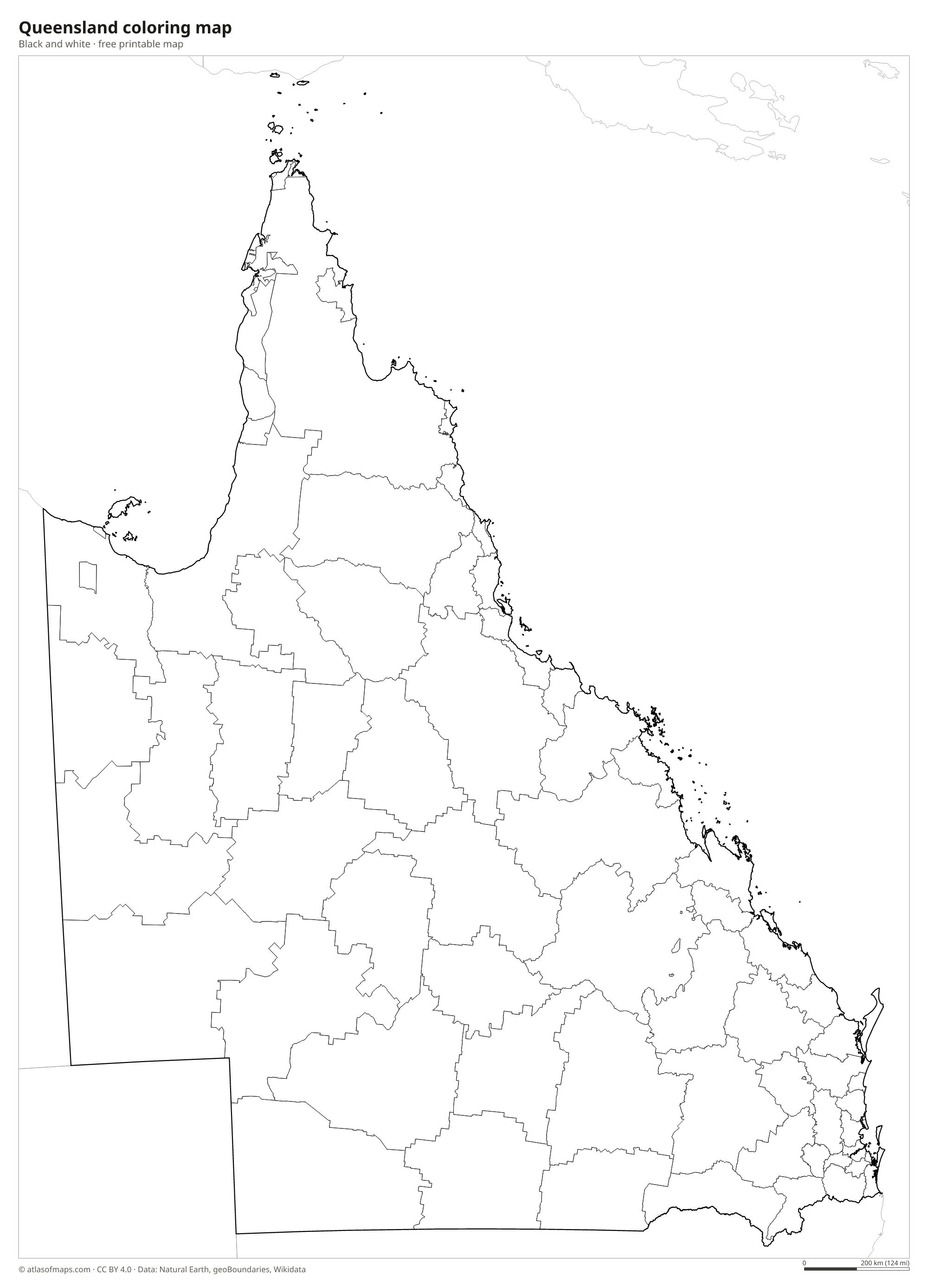 Black-and-white coloring map of Queensland