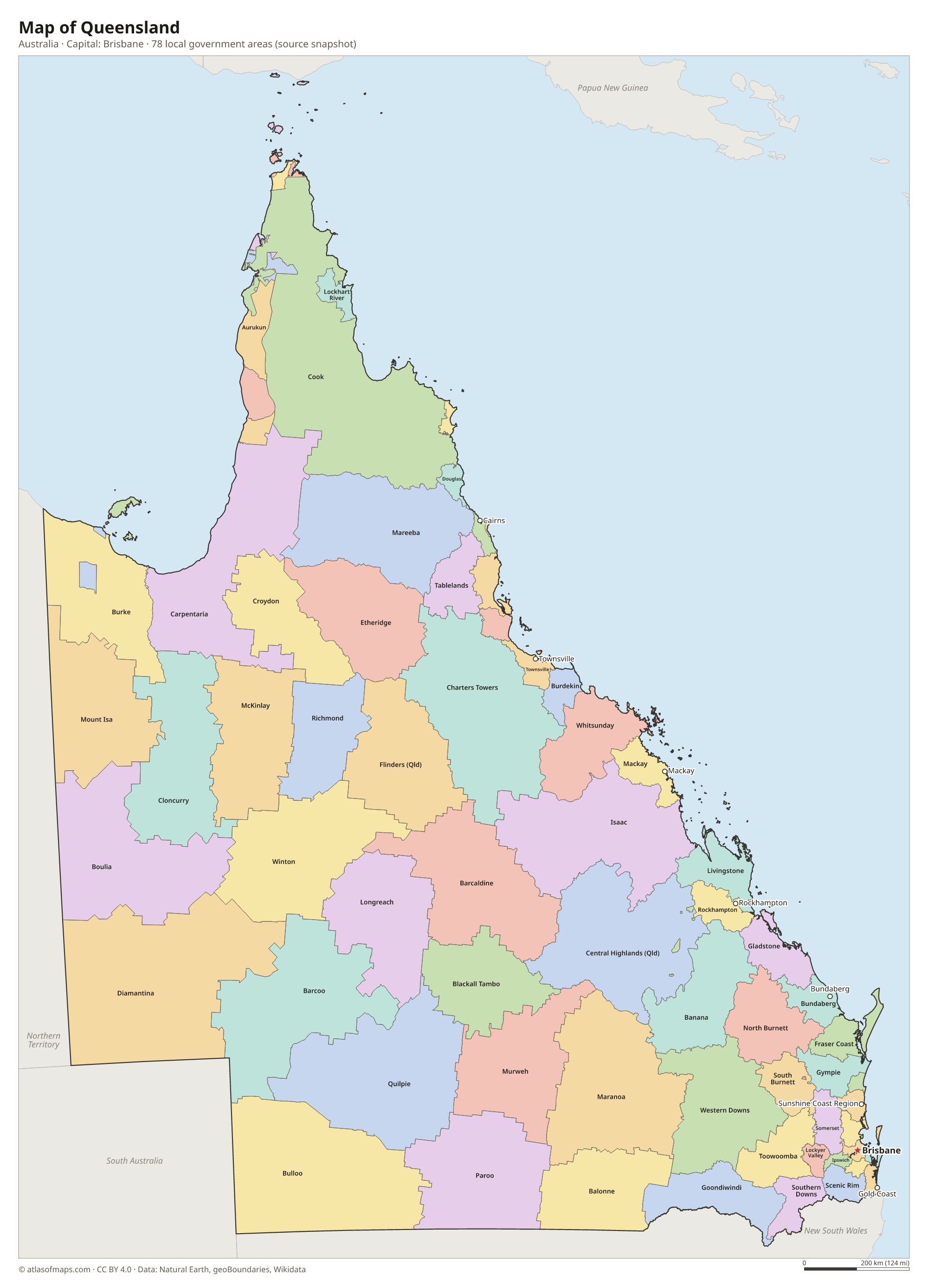 Map of Queensland with the capital Brisbane, cities and local government areas