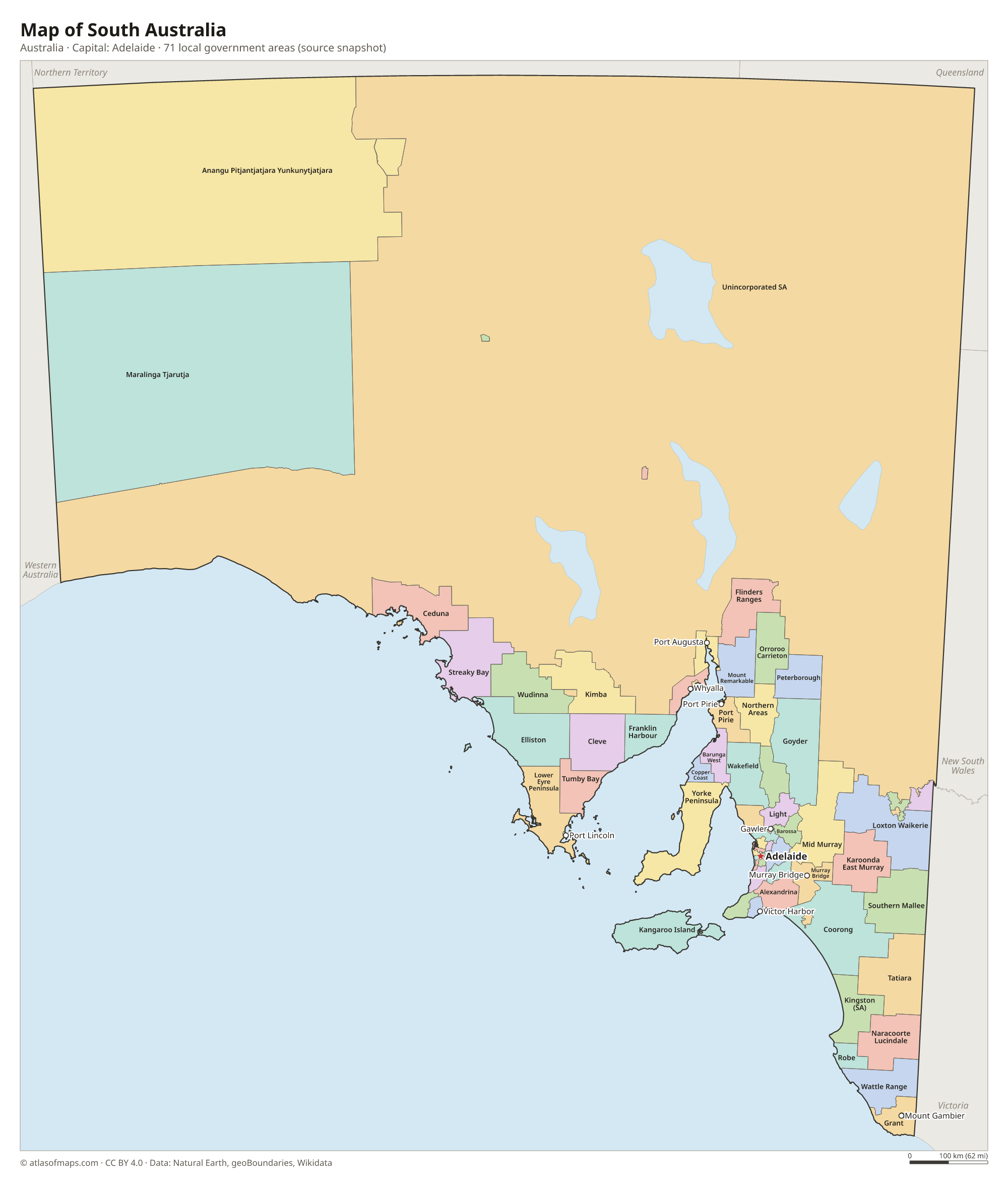 Map of South Australia with the capital Adelaide, cities and local government areas