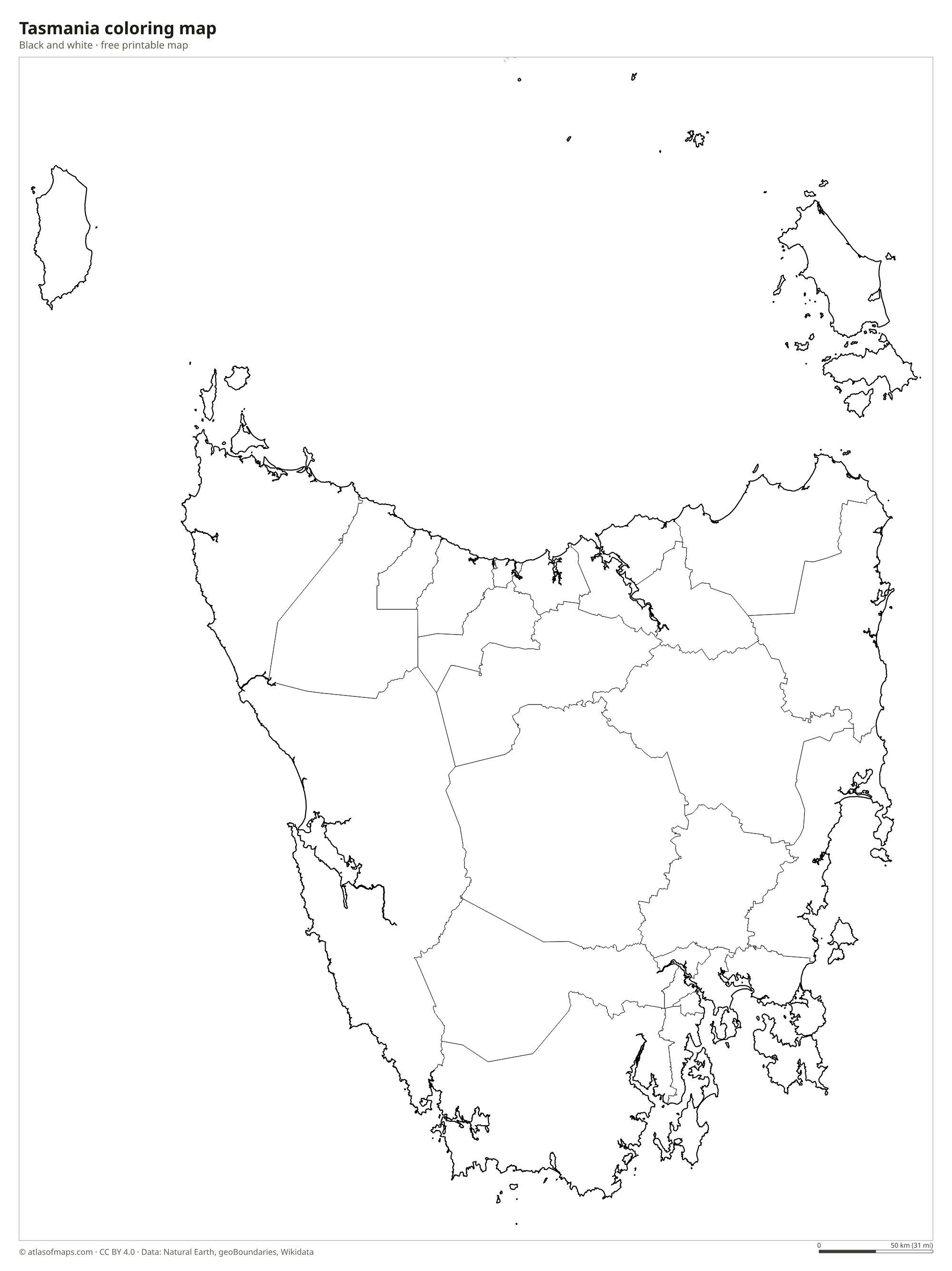 Black-and-white coloring map of Tasmania