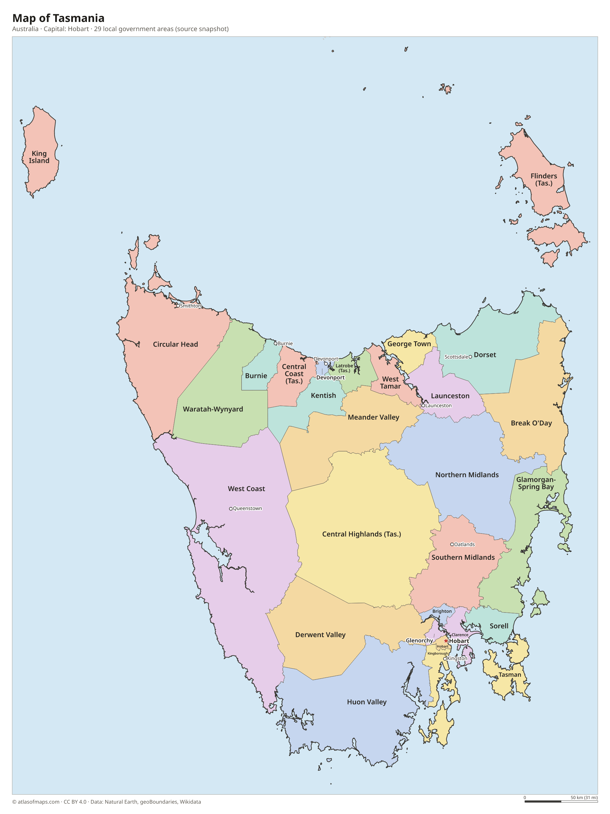 Map of Tasmania with the capital Hobart, cities and local government areas