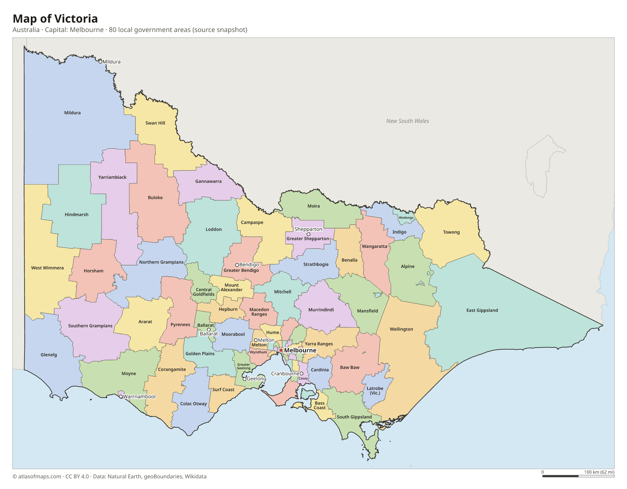 Map of Victoria with the capital Melbourne, cities and local government areas