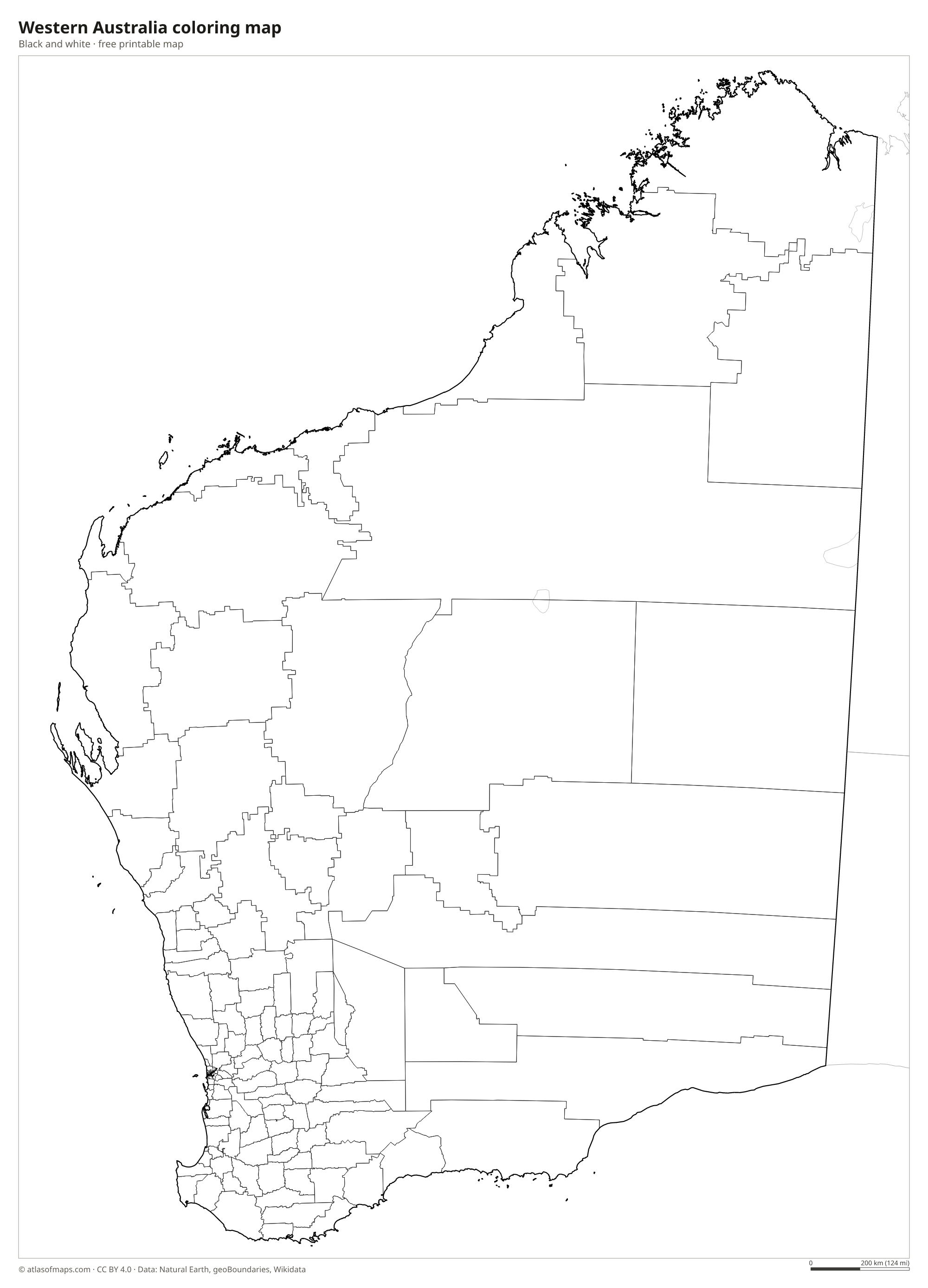 Black-and-white coloring map of Western Australia