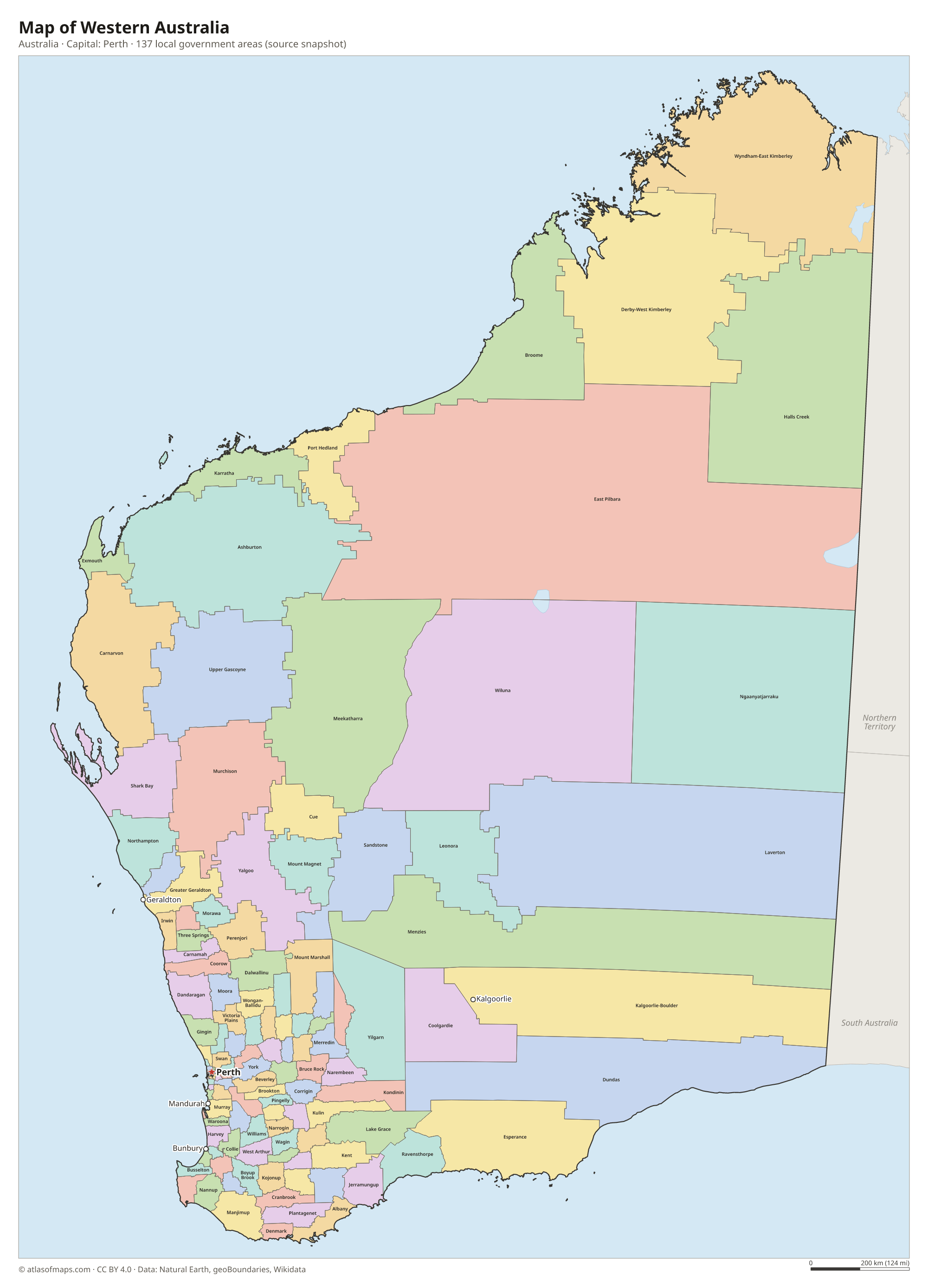 Map of Western Australia with the capital Perth, cities and local government areas