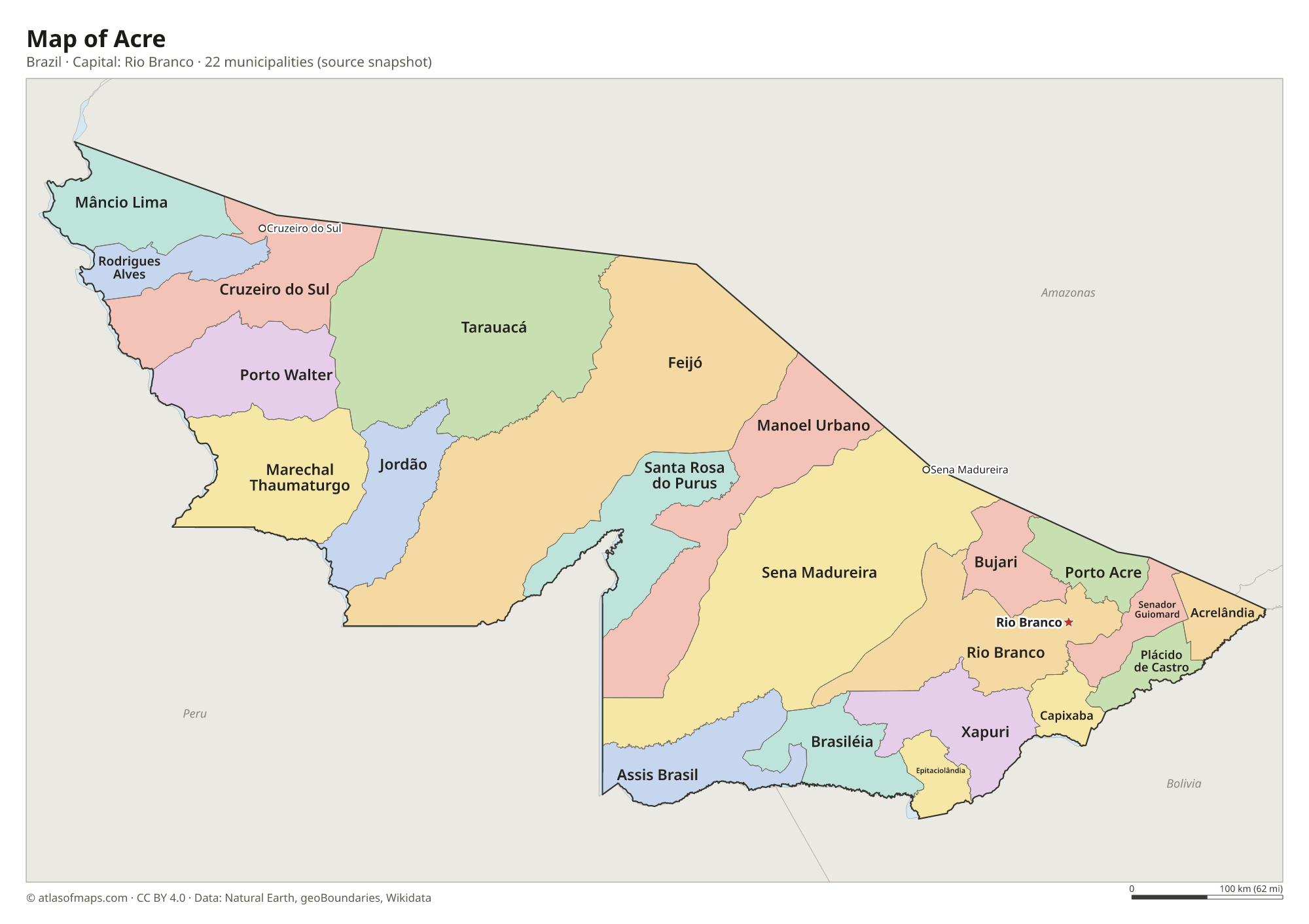 Map of Acre with the capital Rio Branco, cities and municipalities
