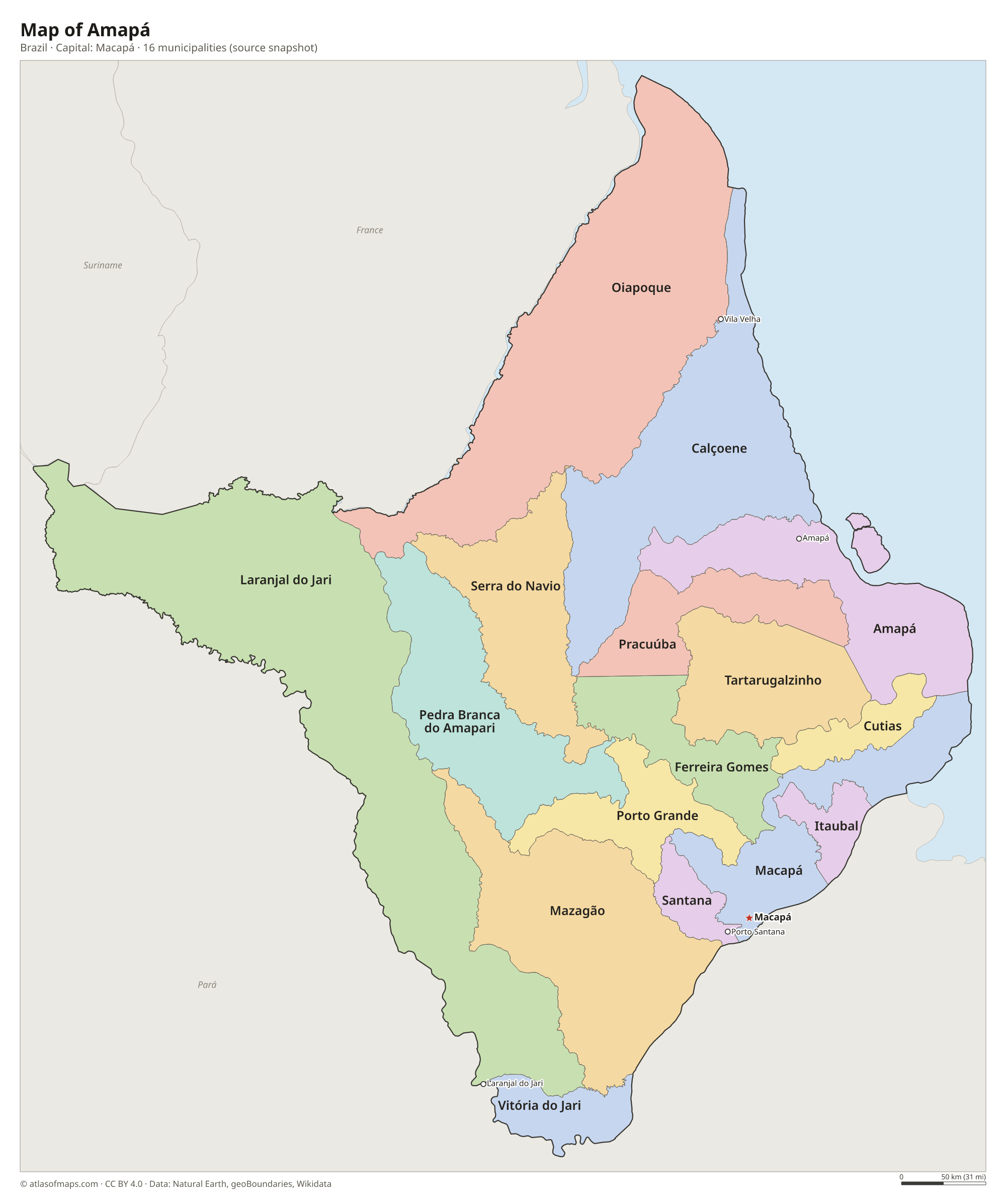 Map of Amapá with the capital Macapá, cities and municipalities