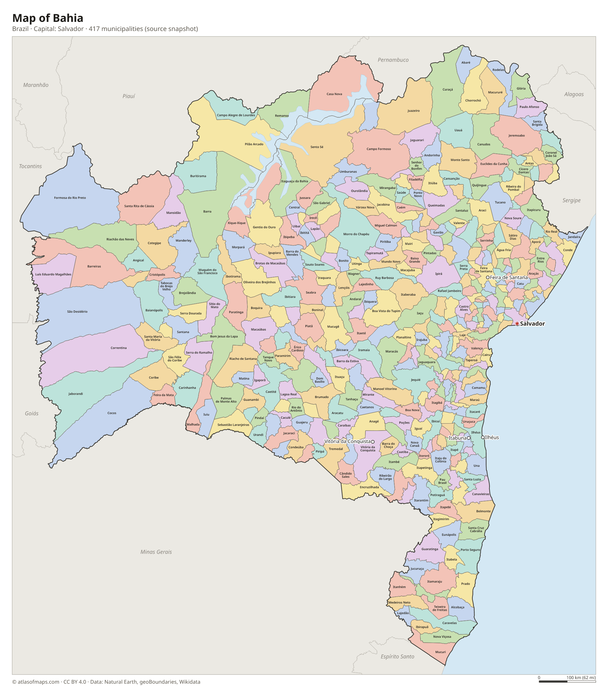 Map of Bahia with the capital Salvador, cities and municipalities