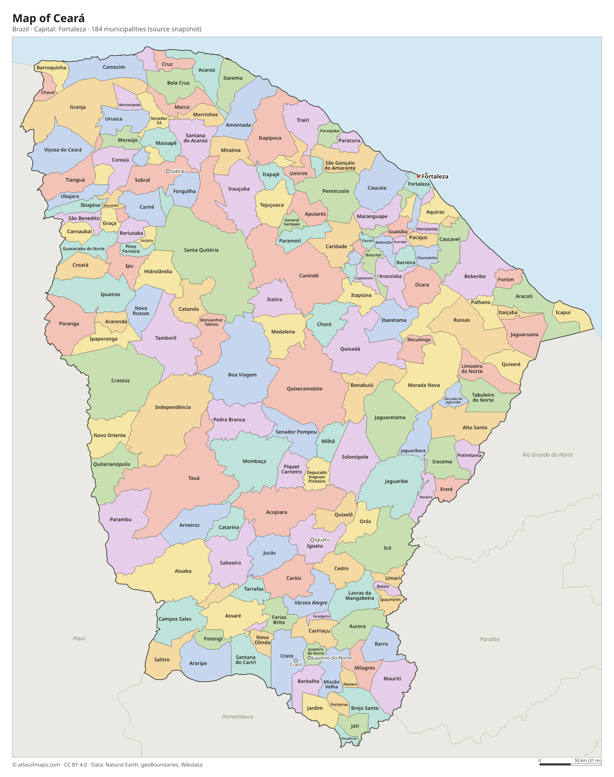Map of Ceará with the capital Fortaleza, cities and municipalities