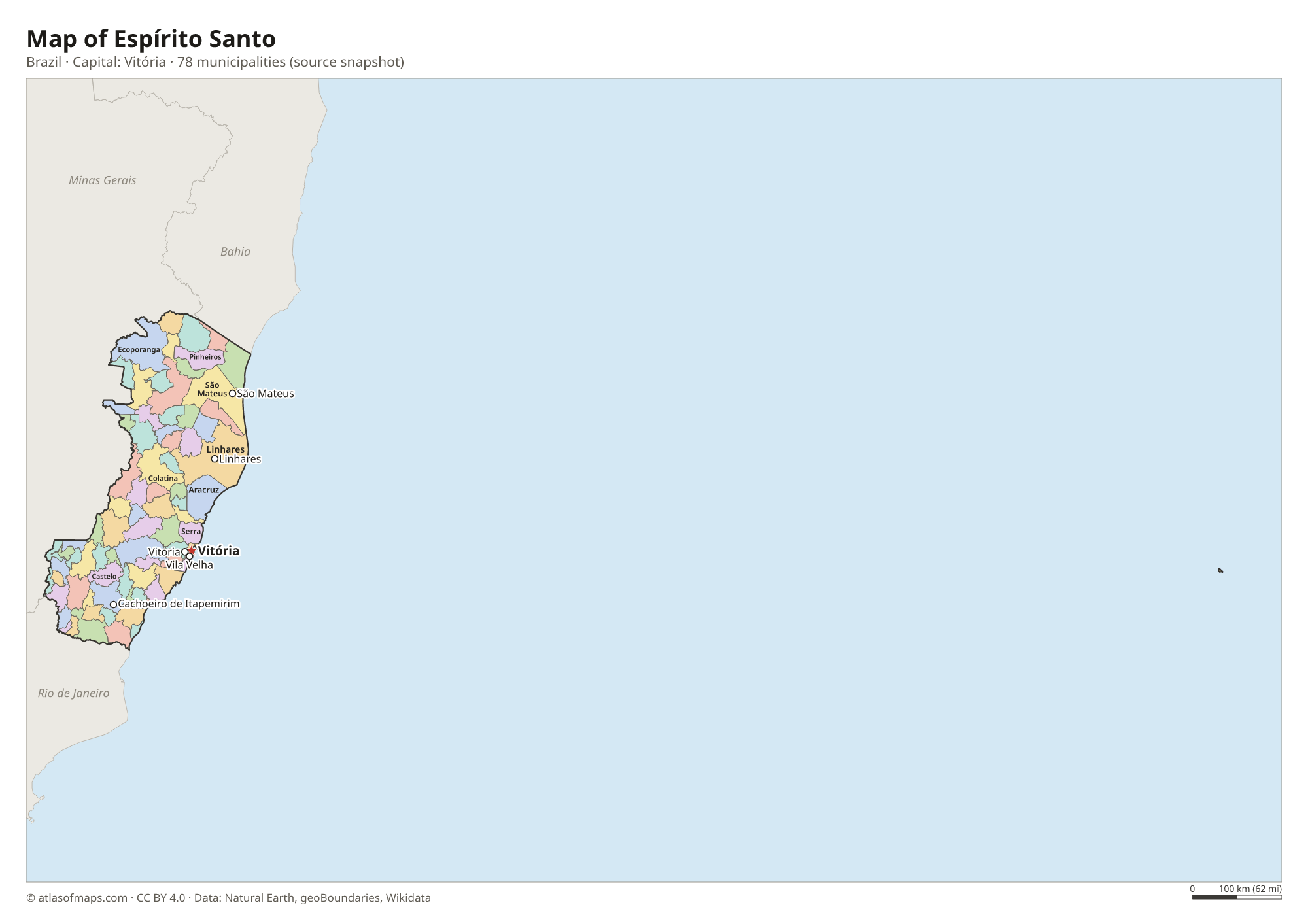 Map of Espírito Santo with the capital Vitória, cities and municipalities