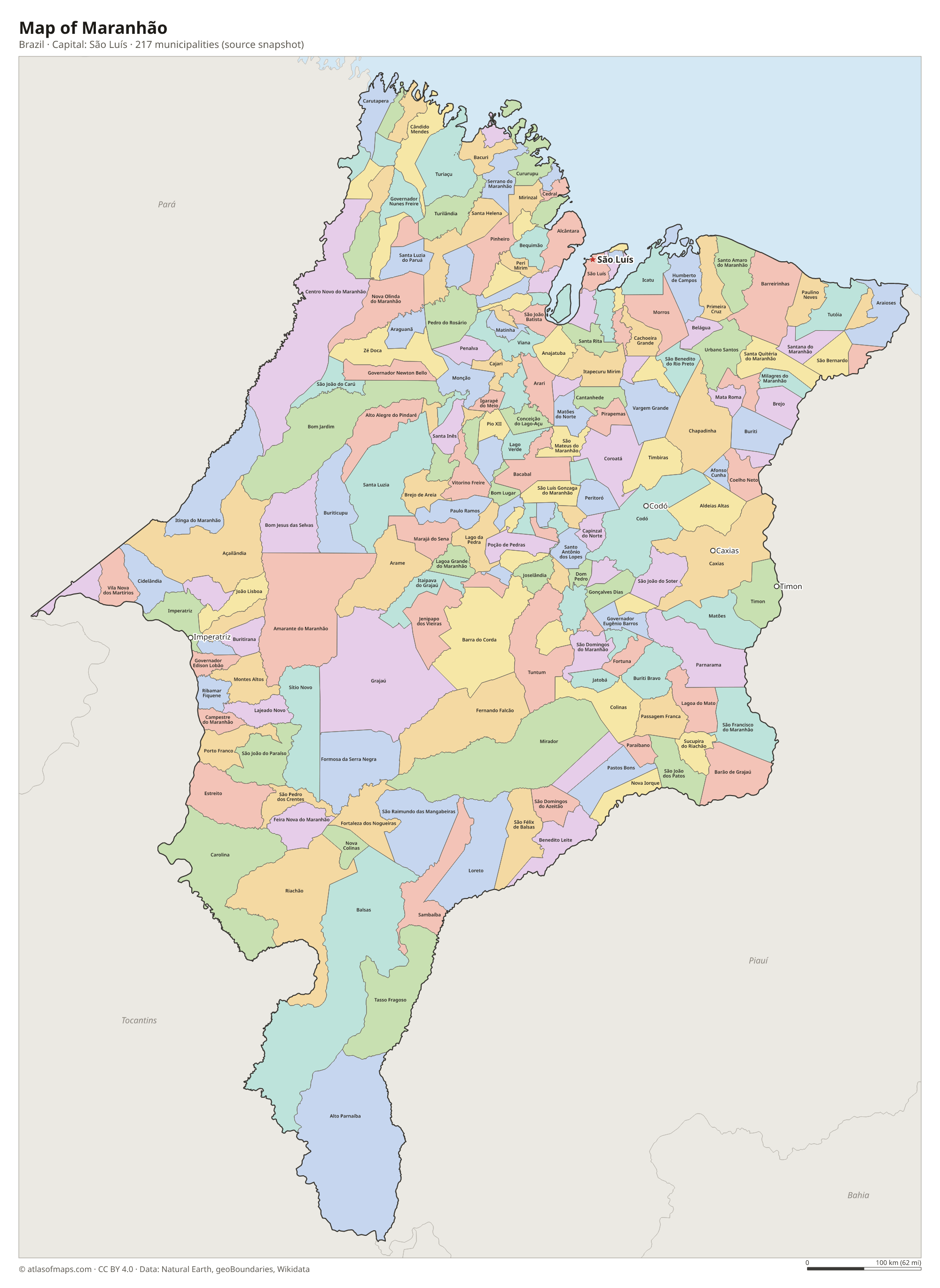 Map of Maranhão with the capital São Luís, cities and municipalities