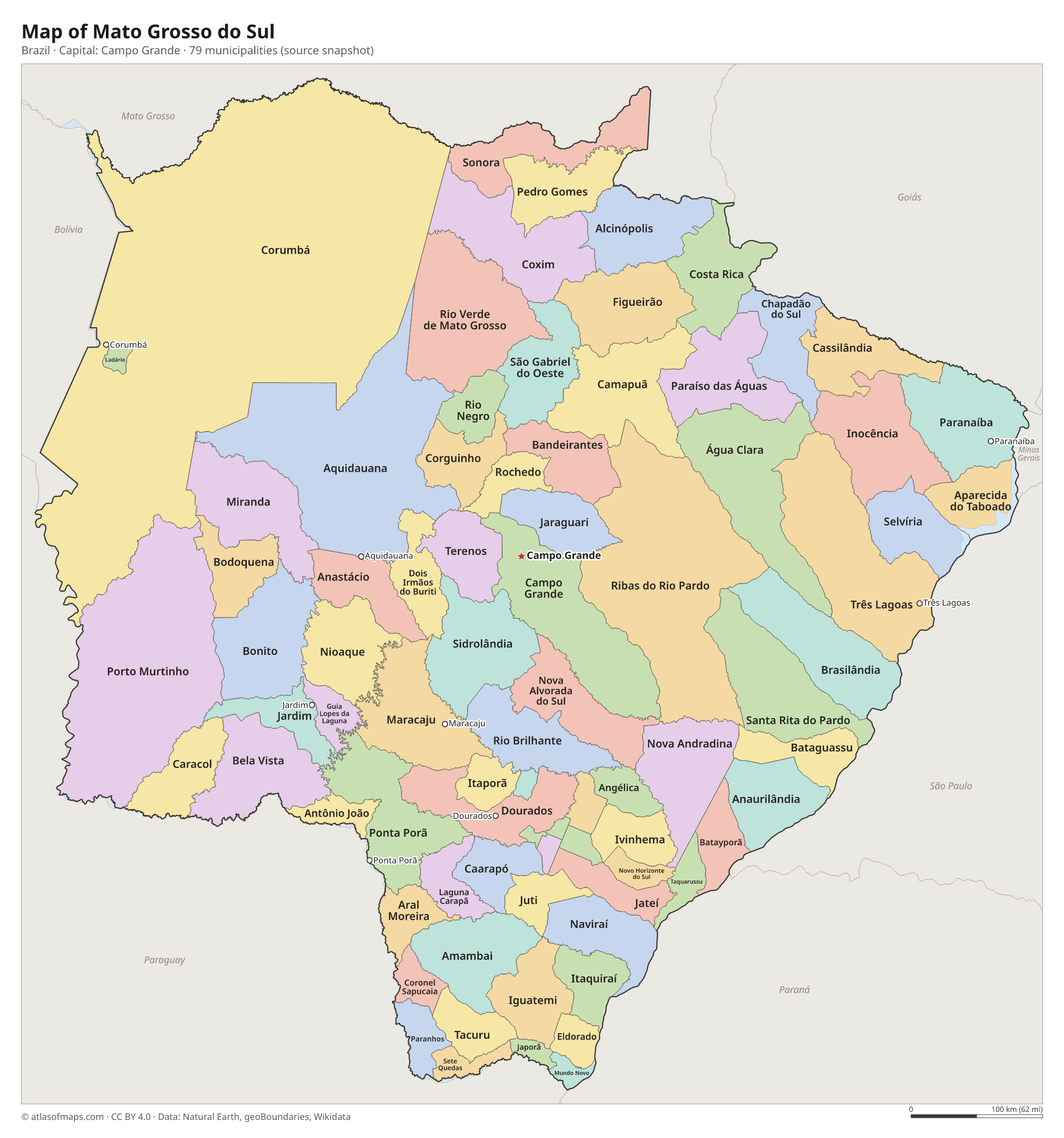 Map of Mato Grosso do Sul with the capital Campo Grande, cities and municipalities