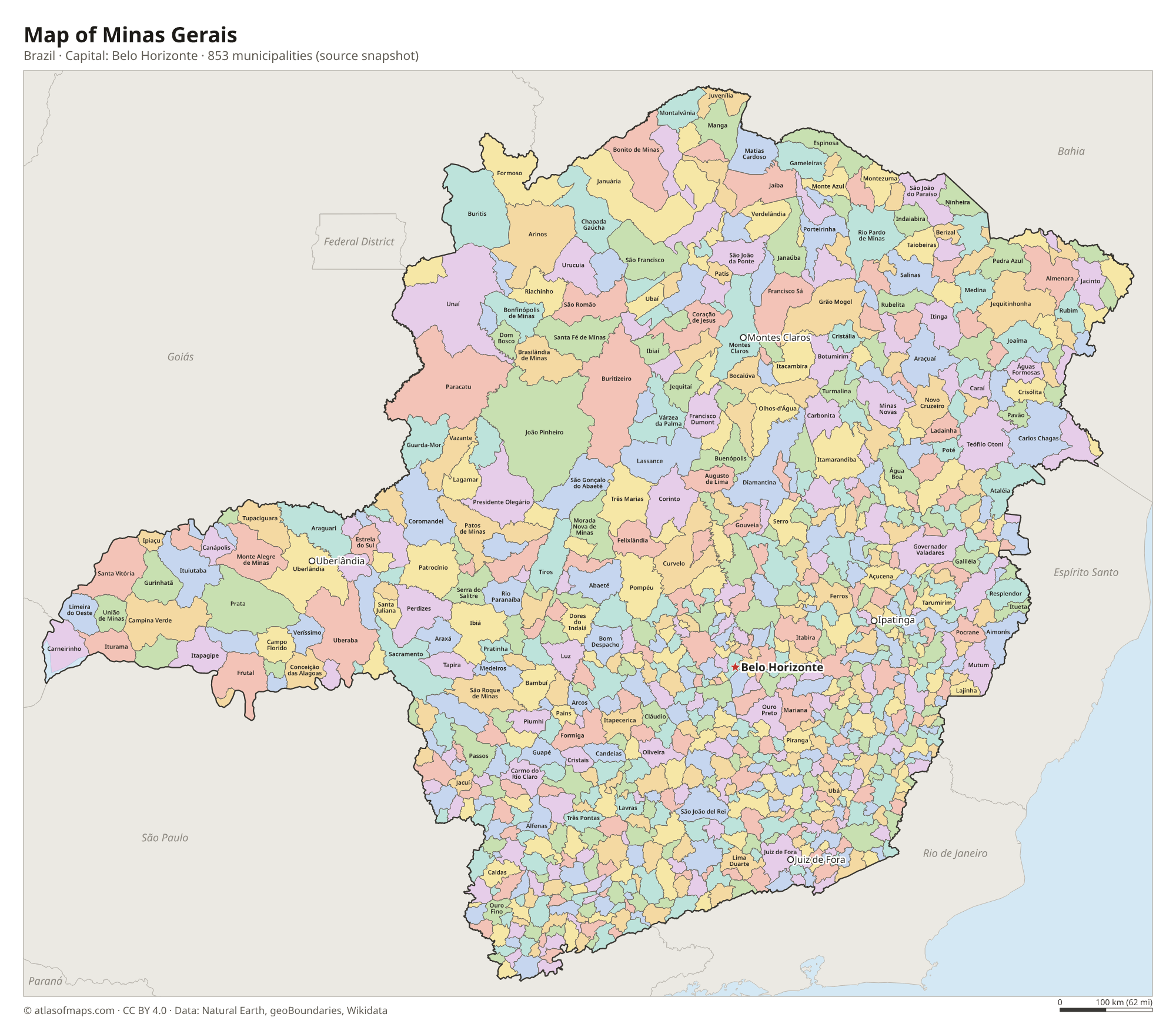 Map of Minas Gerais with the capital Belo Horizonte, cities and municipalities