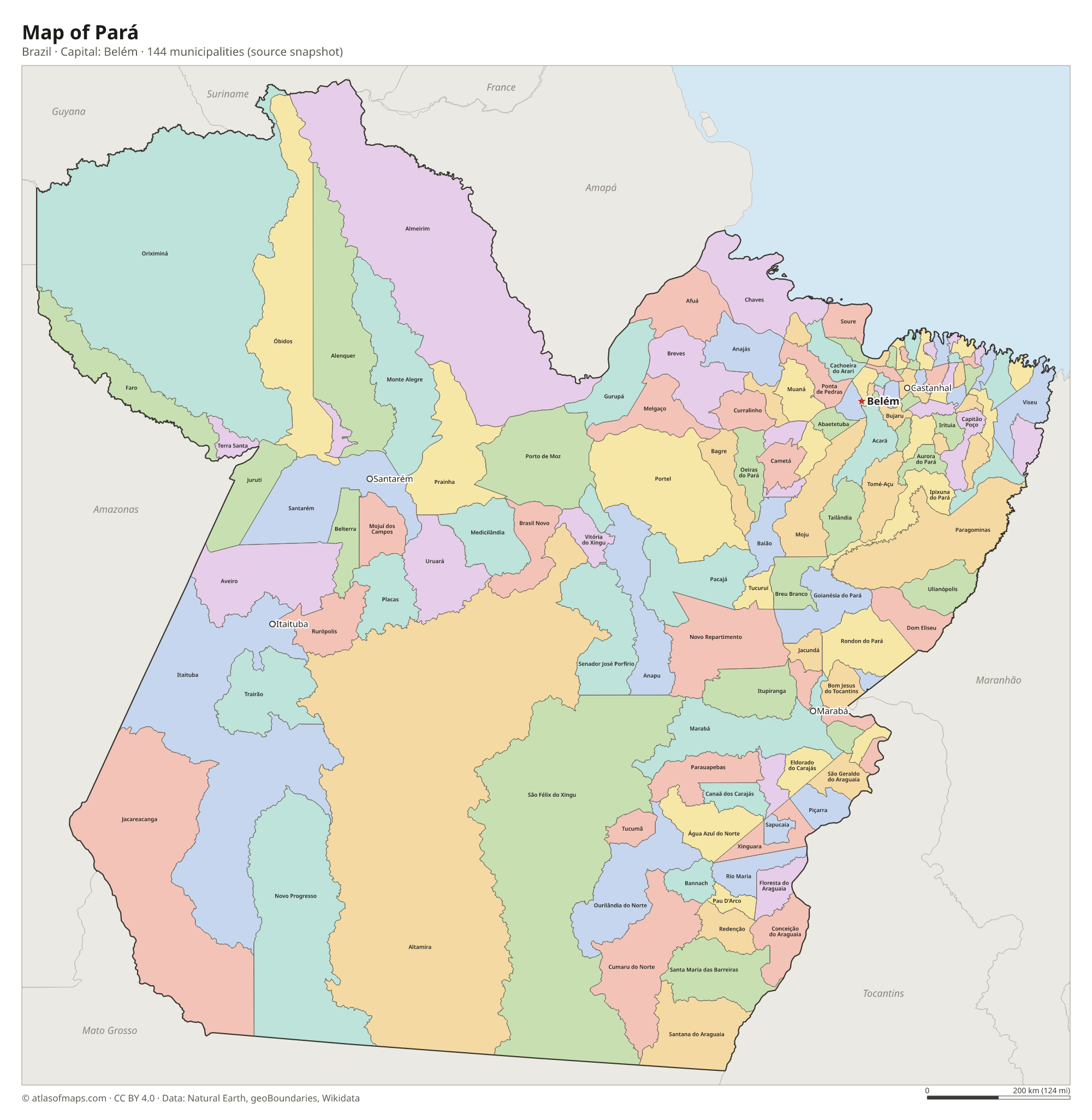 Map of Pará with the capital Belém, cities and municipalities