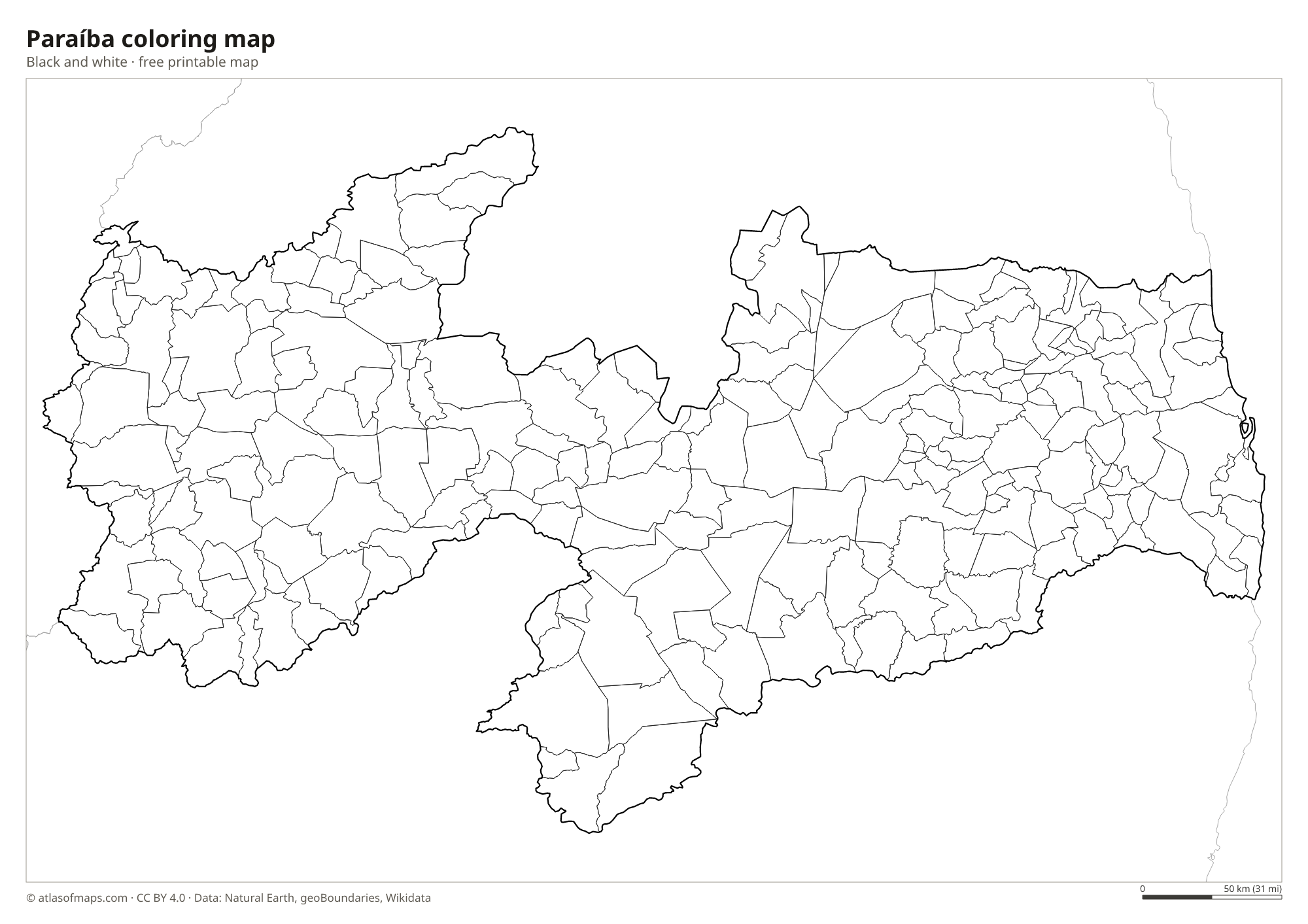 Black-and-white coloring map of Paraíba