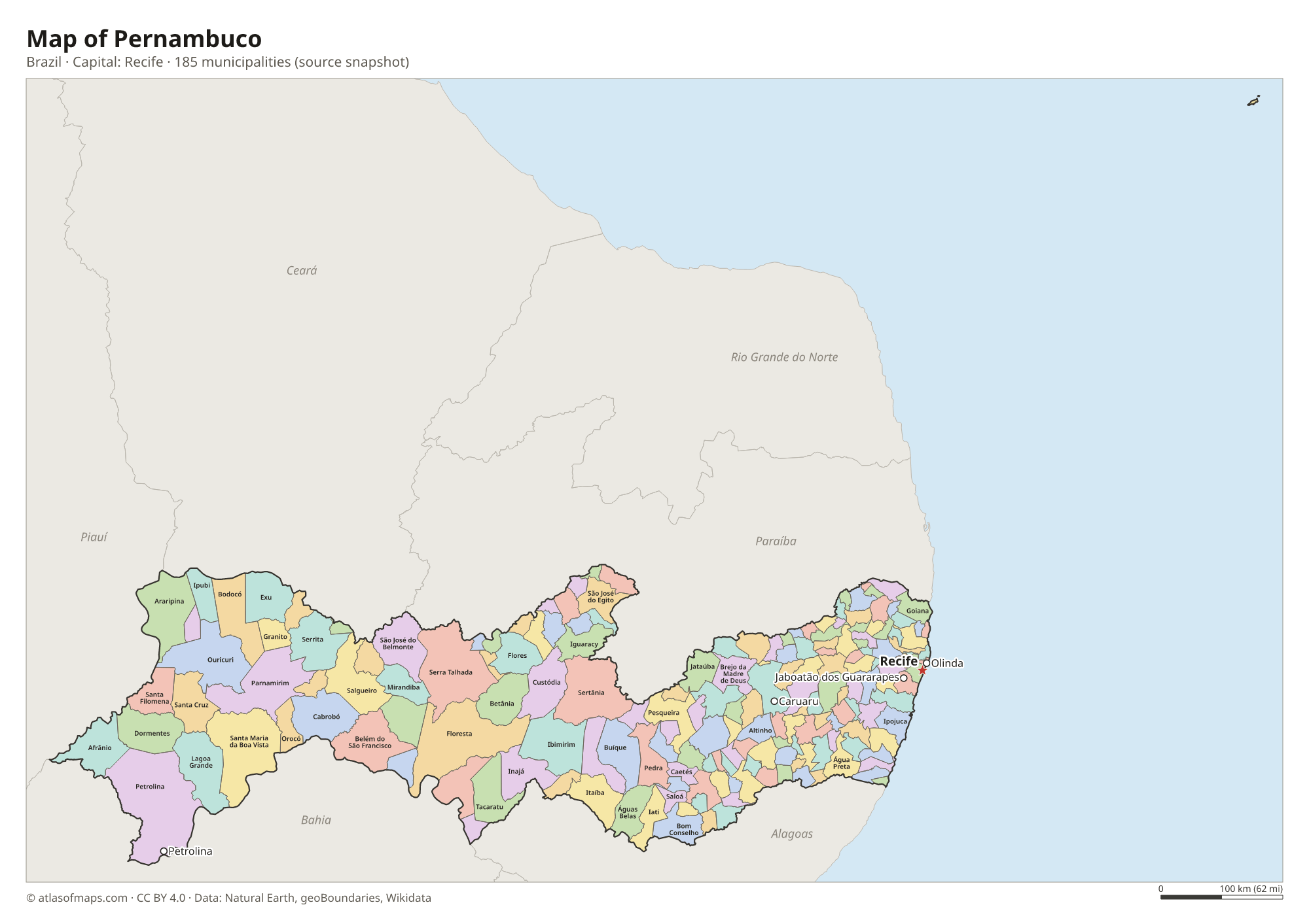 Map of Pernambuco with the capital Recife, cities and municipalities