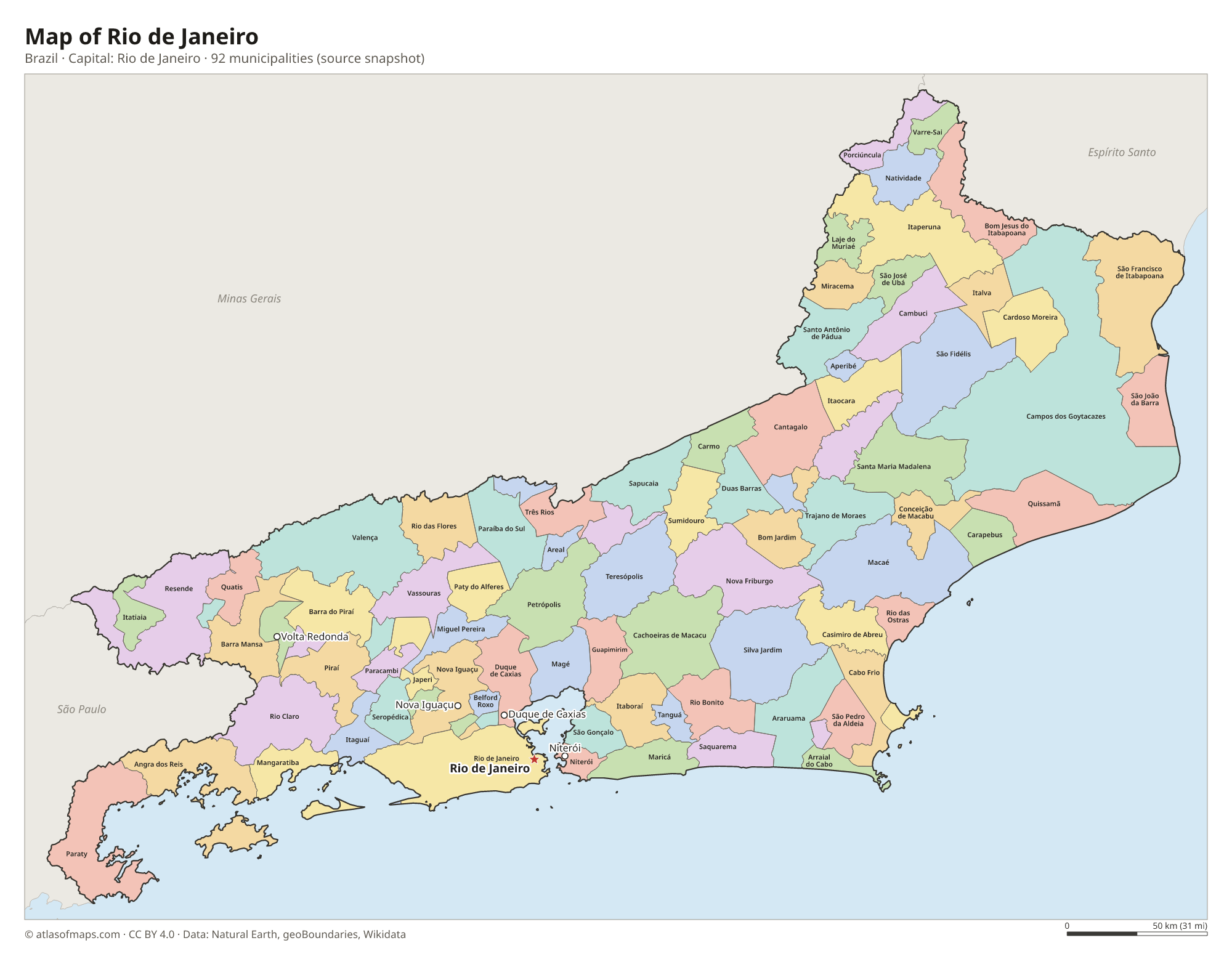 Map of Rio de Janeiro with the capital Rio de Janeiro, cities and municipalities