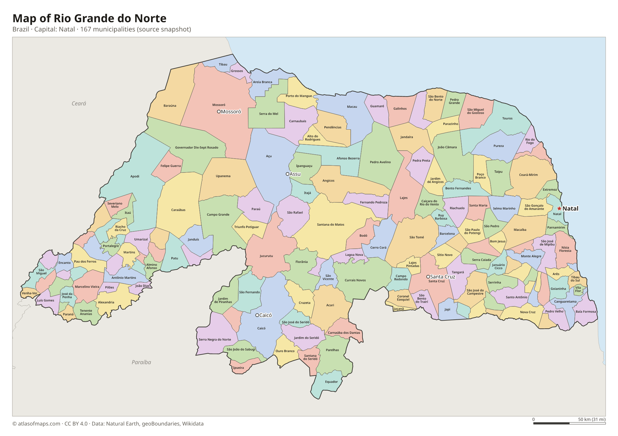 Map of Rio Grande do Norte with the capital Natal, cities and municipalities