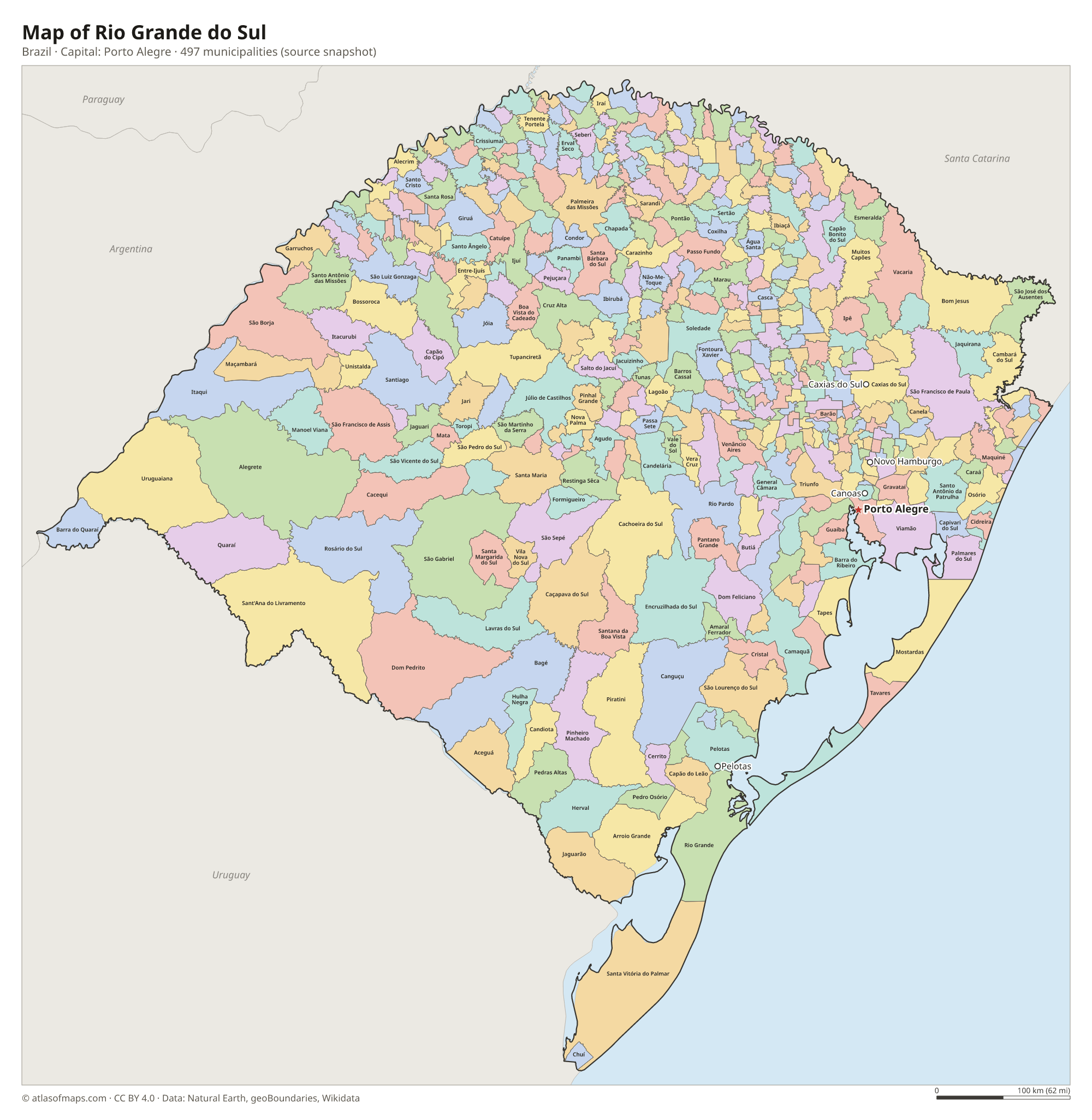 Map of Rio Grande do Sul with the capital Porto Alegre, cities and municipalities