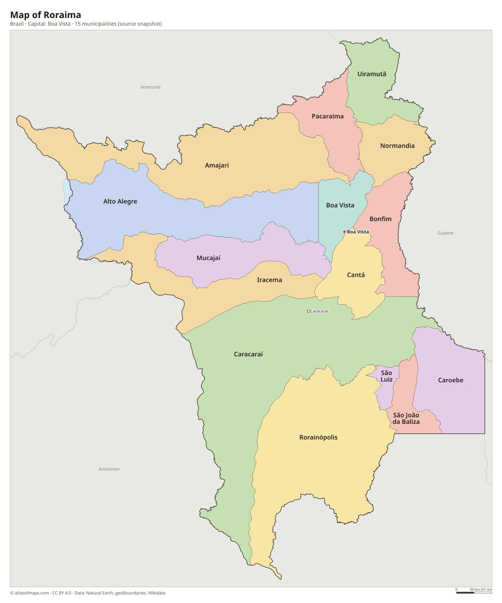 Map of Roraima with the capital Boa Vista, cities and municipalities