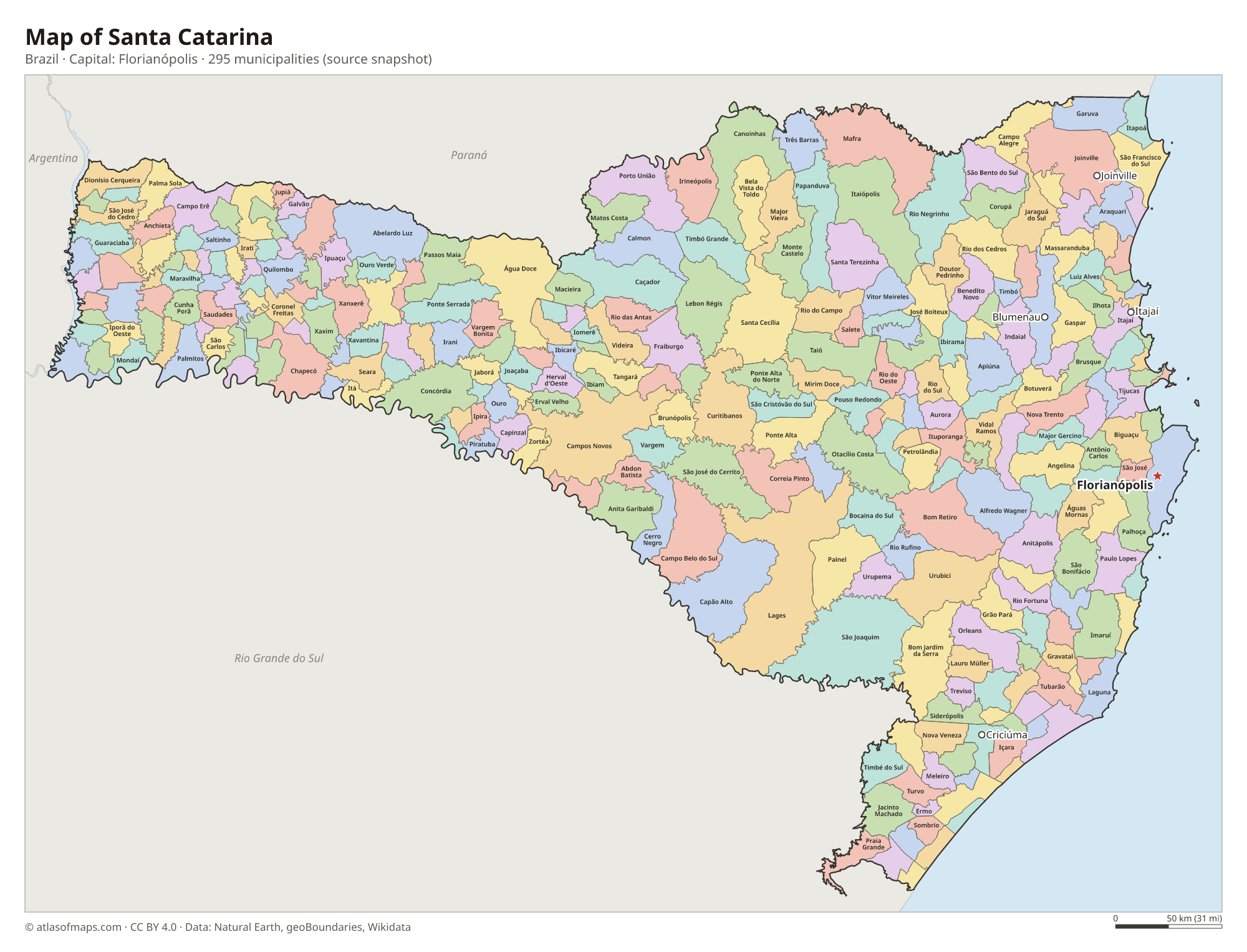 Map of Santa Catarina with the capital Florianópolis, cities and municipalities