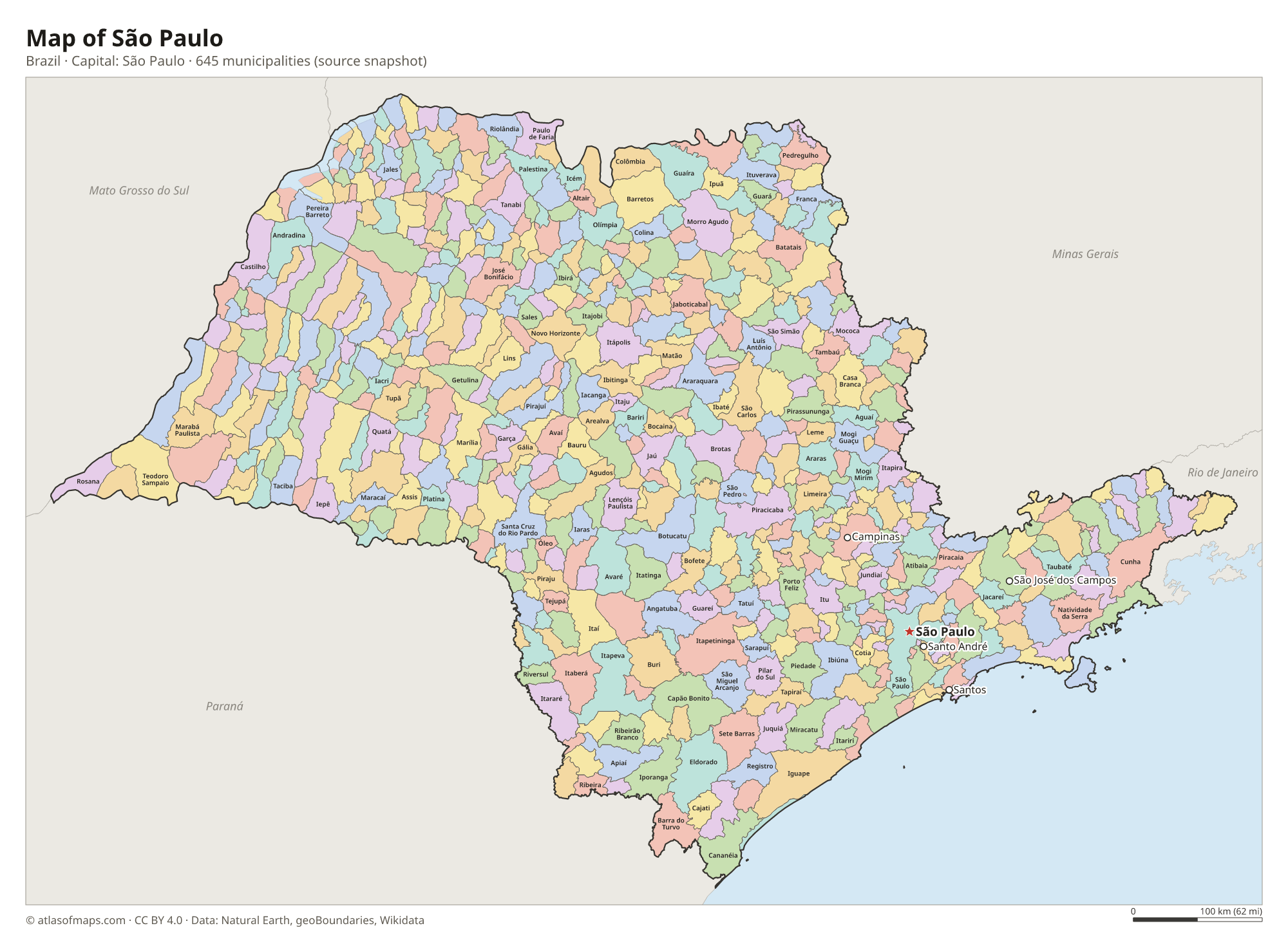 Map of São Paulo with the capital São Paulo, cities and municipalities