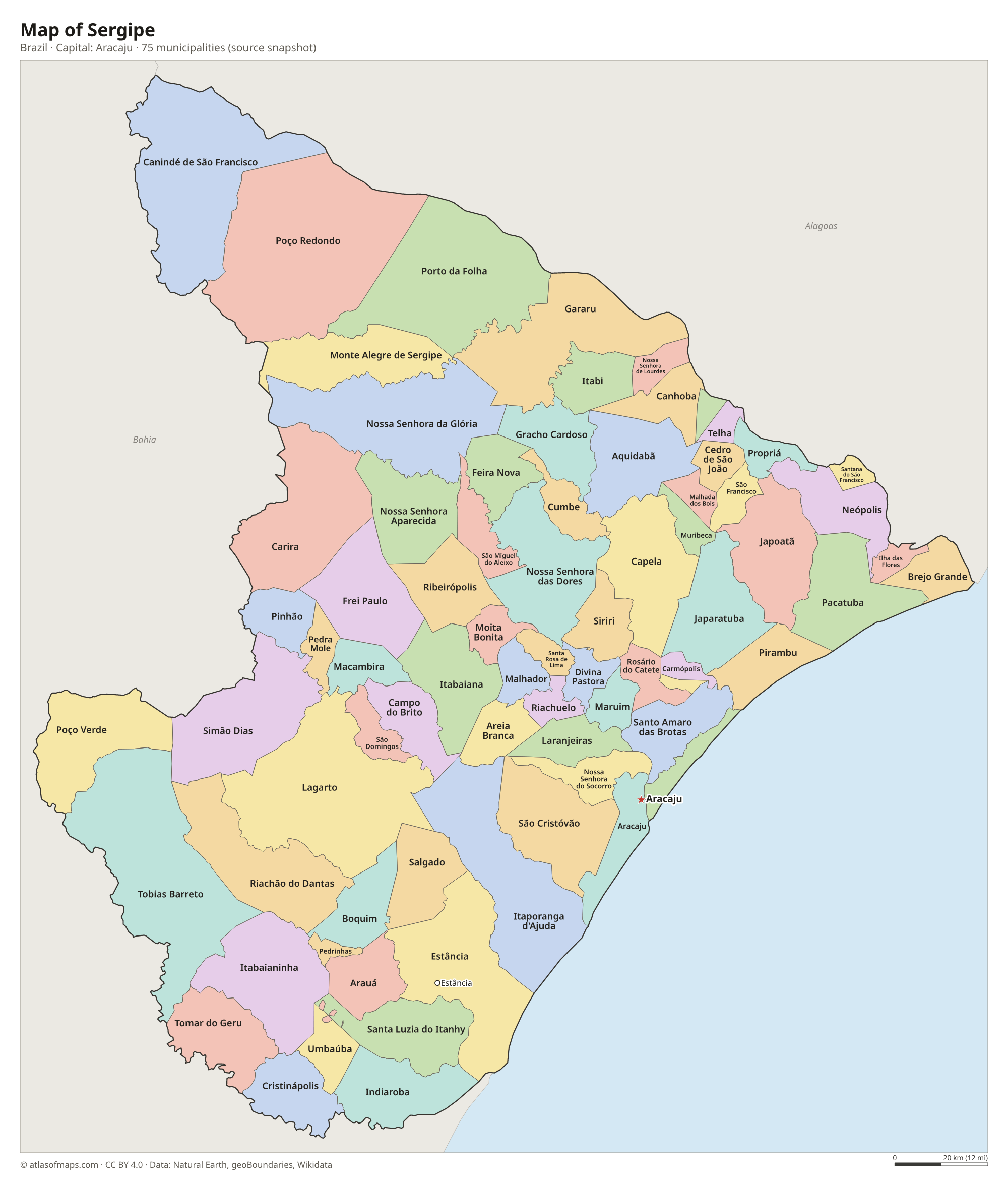 Map of Sergipe with the capital Aracaju, cities and municipalities