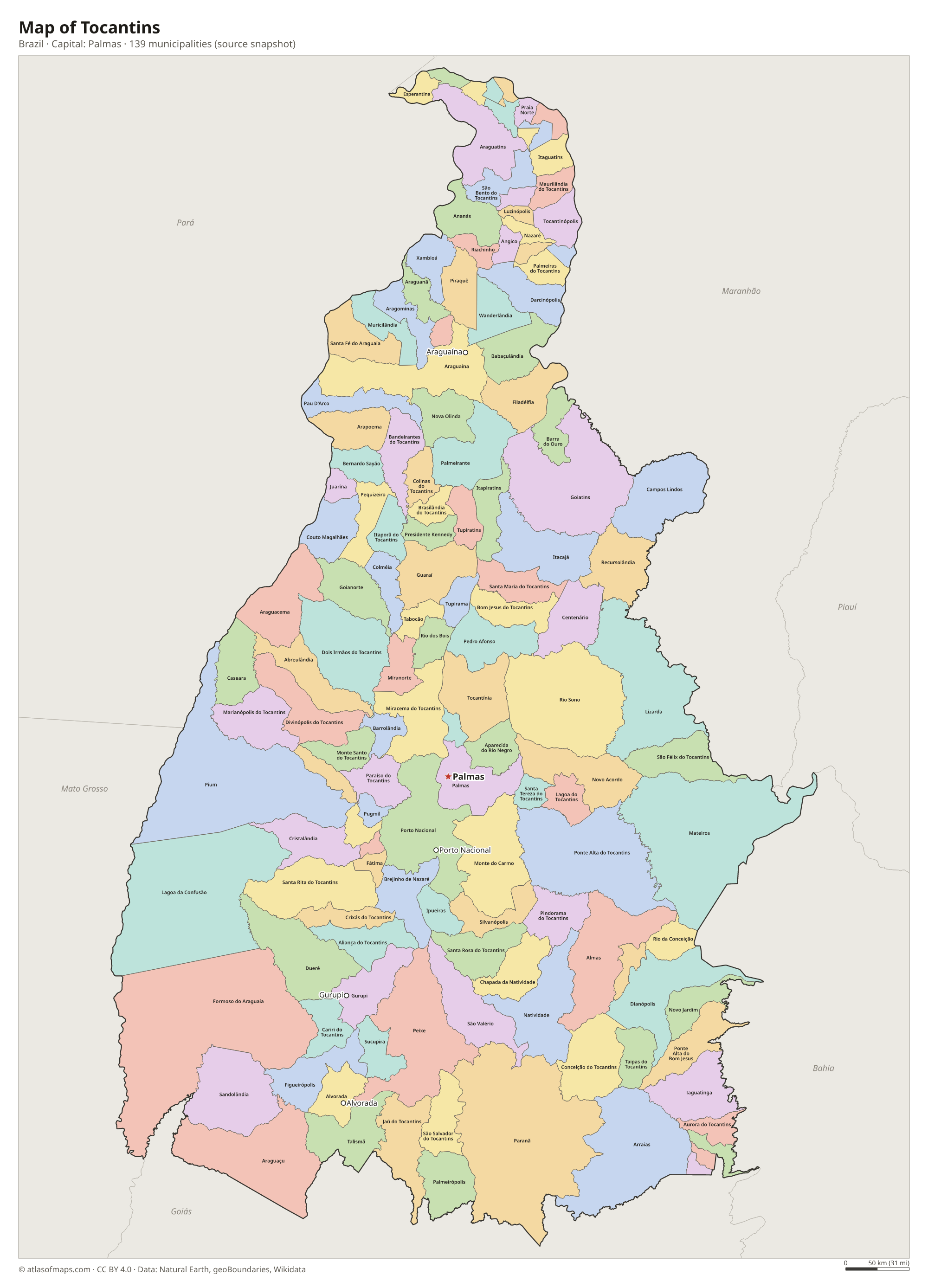 Map of Tocantins with the capital Palmas, cities and municipalities