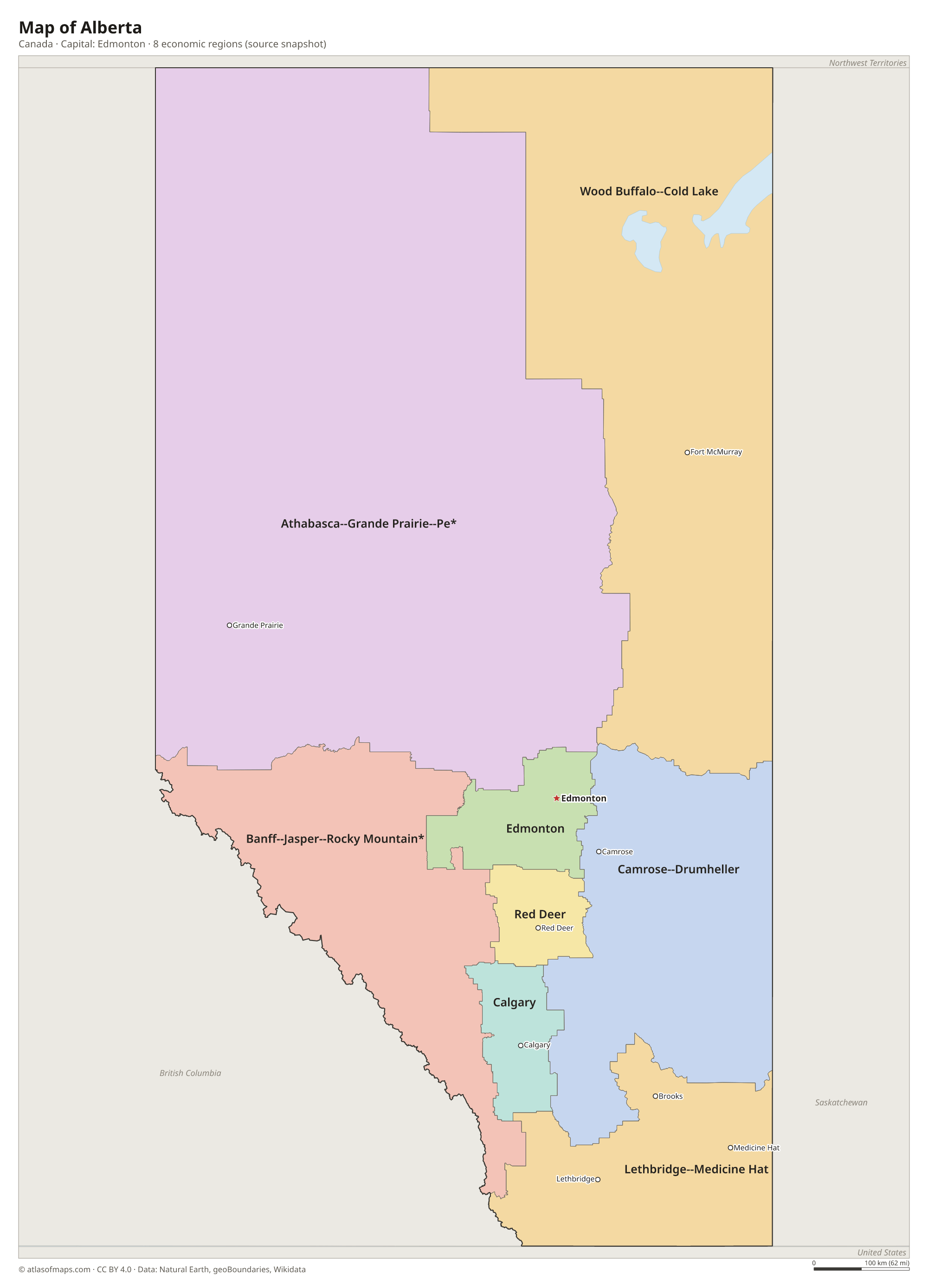 Map of Alberta with the capital Edmonton, cities and economic regions