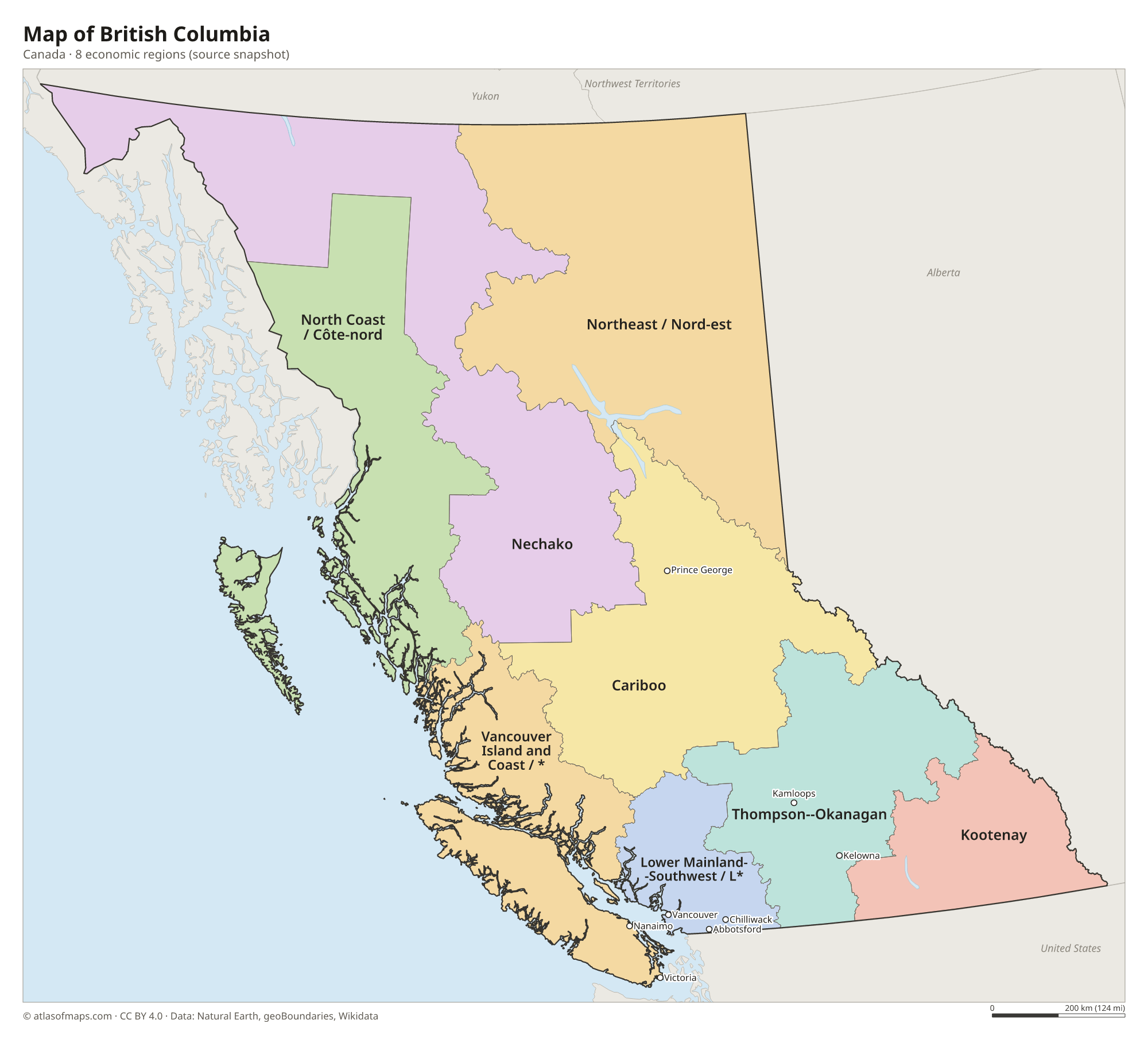 Map of British Columbia, cities and economic regions