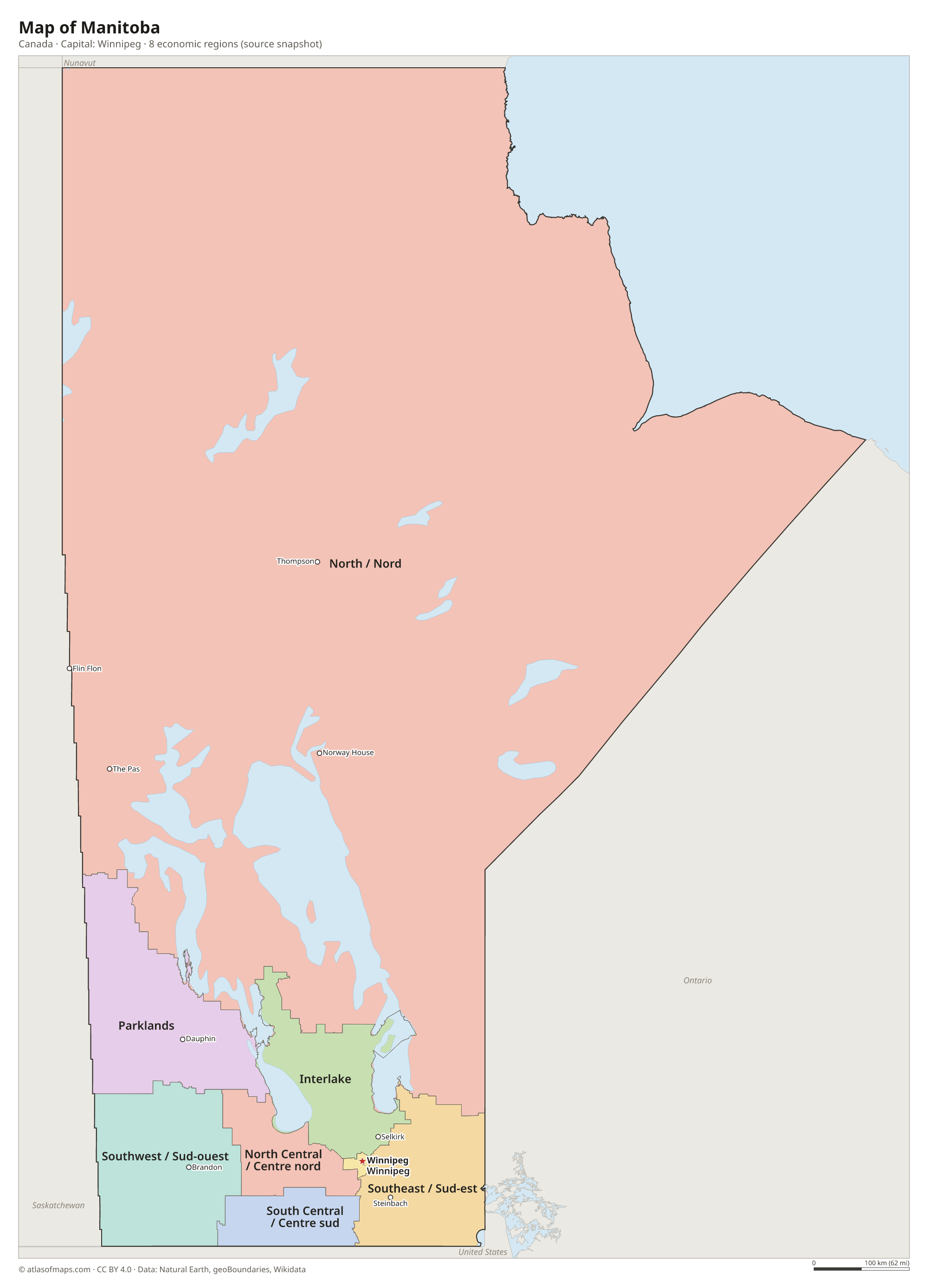 Map of Manitoba with the capital Winnipeg, cities and economic regions