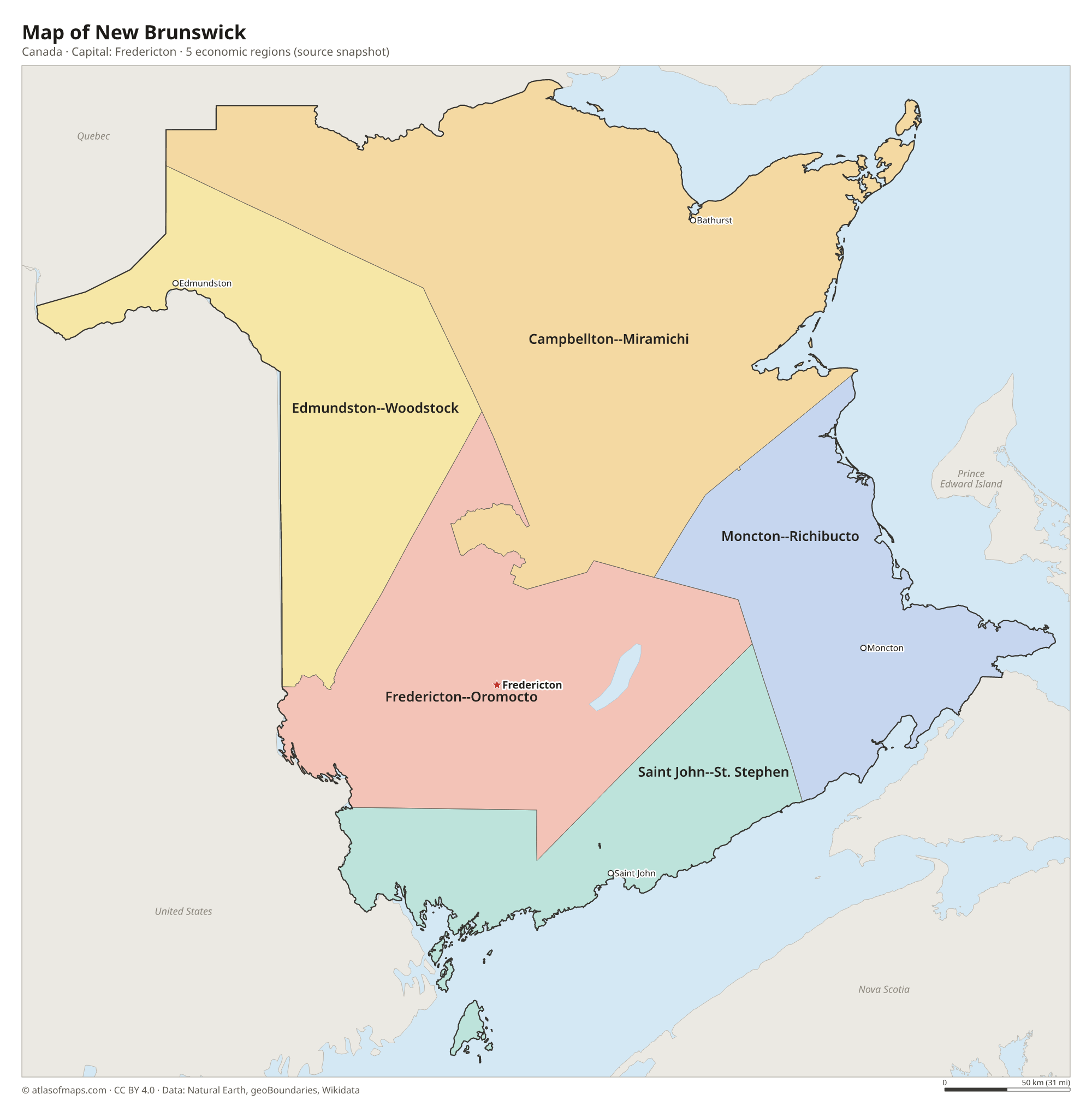 Map of New Brunswick with the capital Fredericton, cities and economic regions