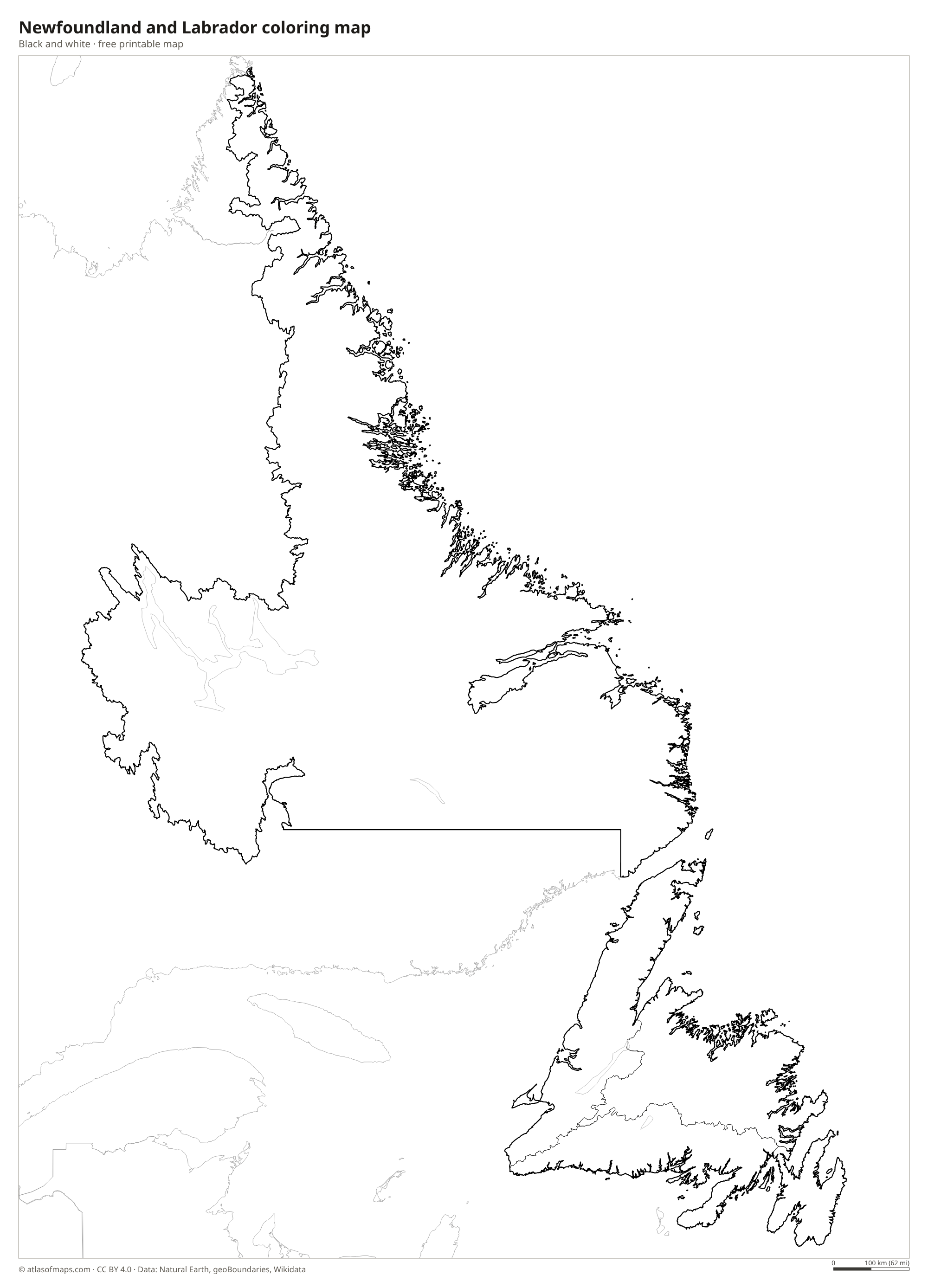 Black-and-white coloring map of Newfoundland and Labrador