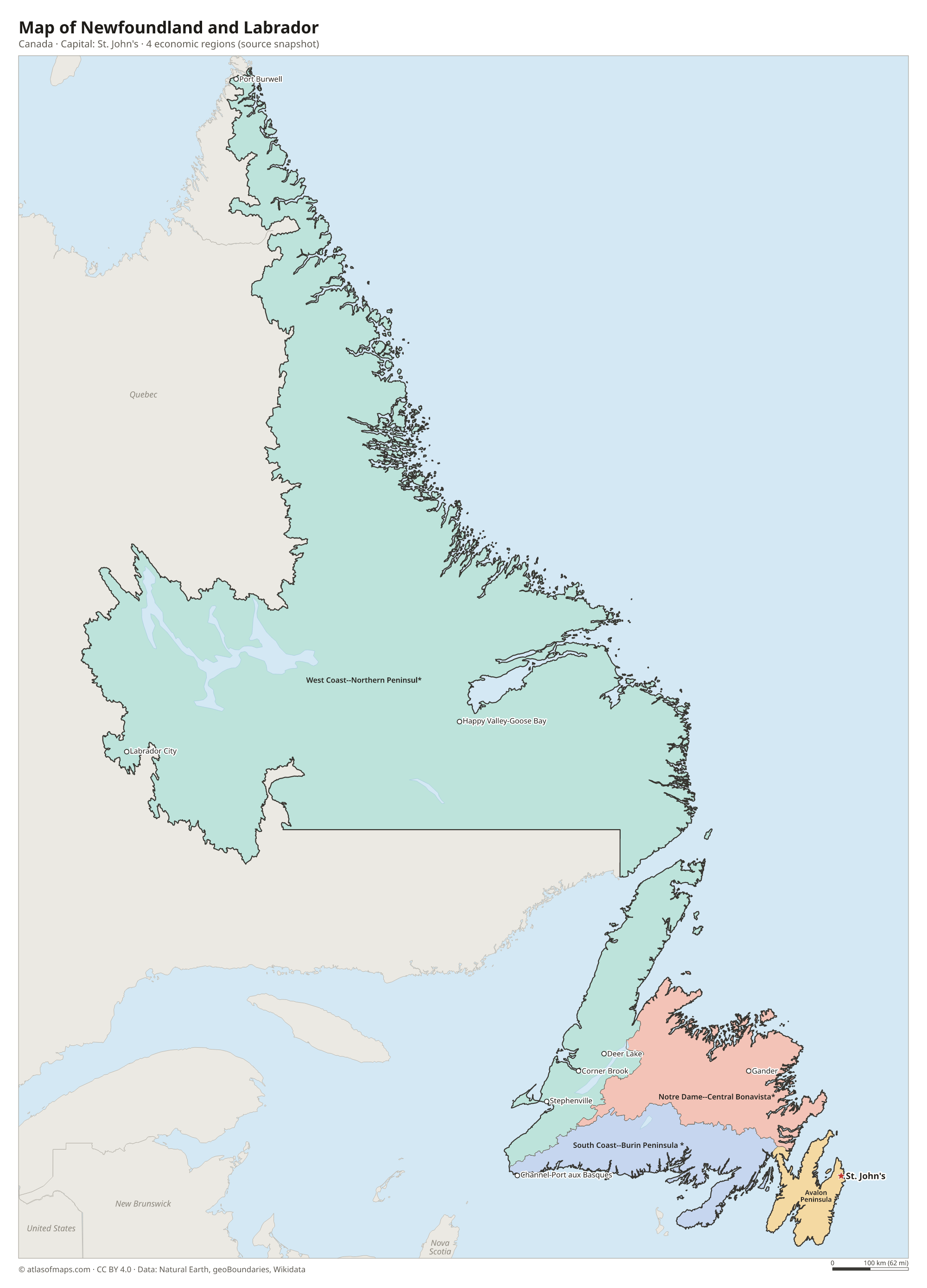 Map of Newfoundland and Labrador with the capital St. John's, cities and economic regions