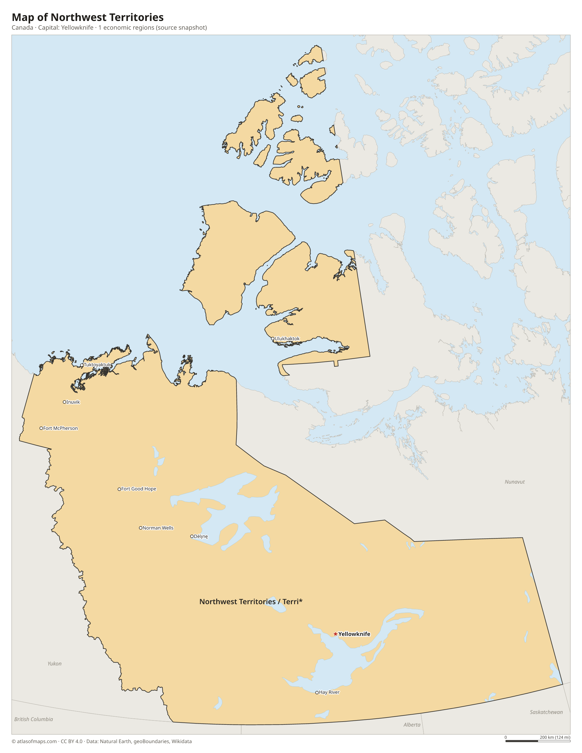 Map of Northwest Territories with the capital Yellowknife, cities and economic regions