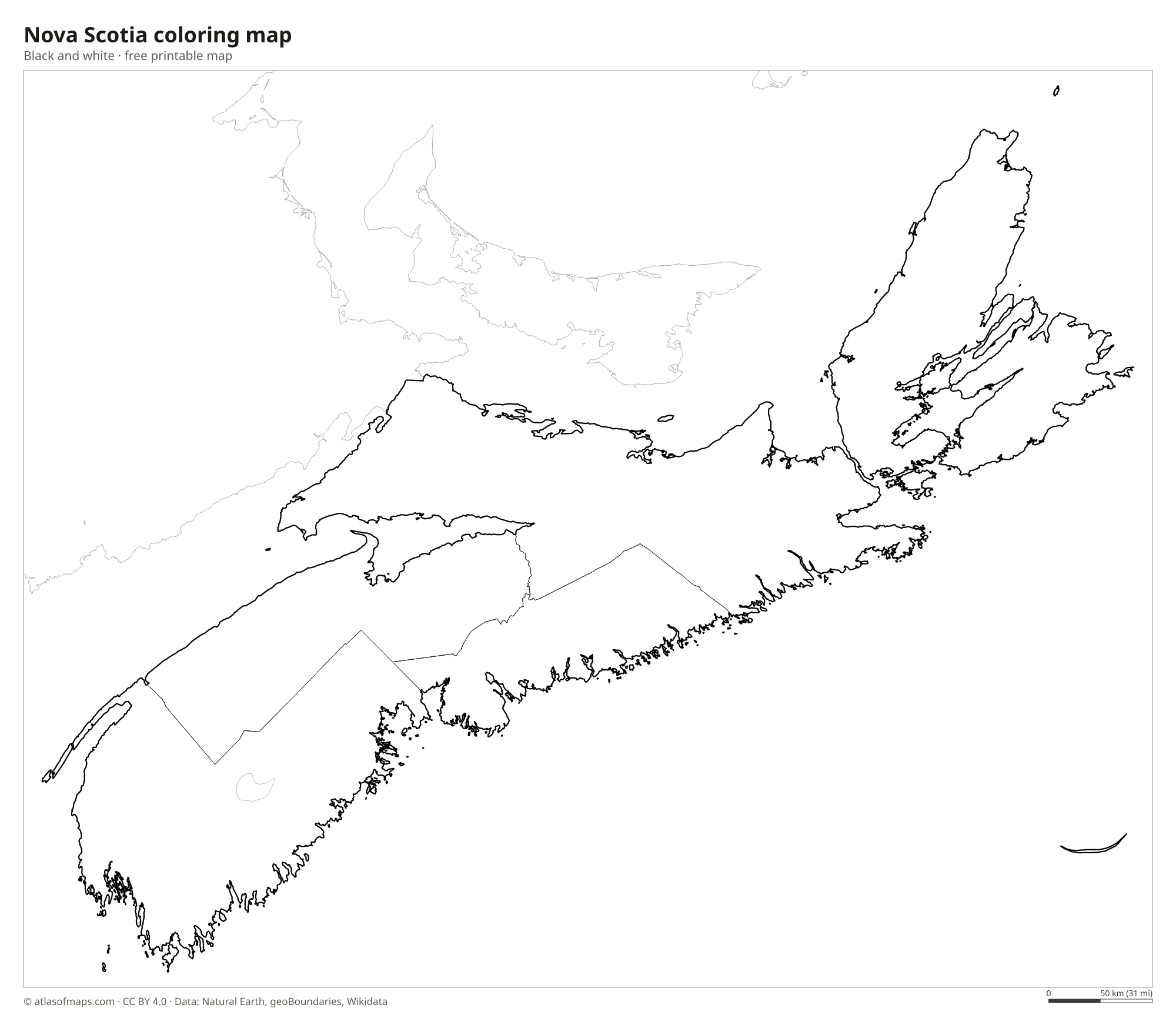 Black-and-white coloring map of Nova Scotia