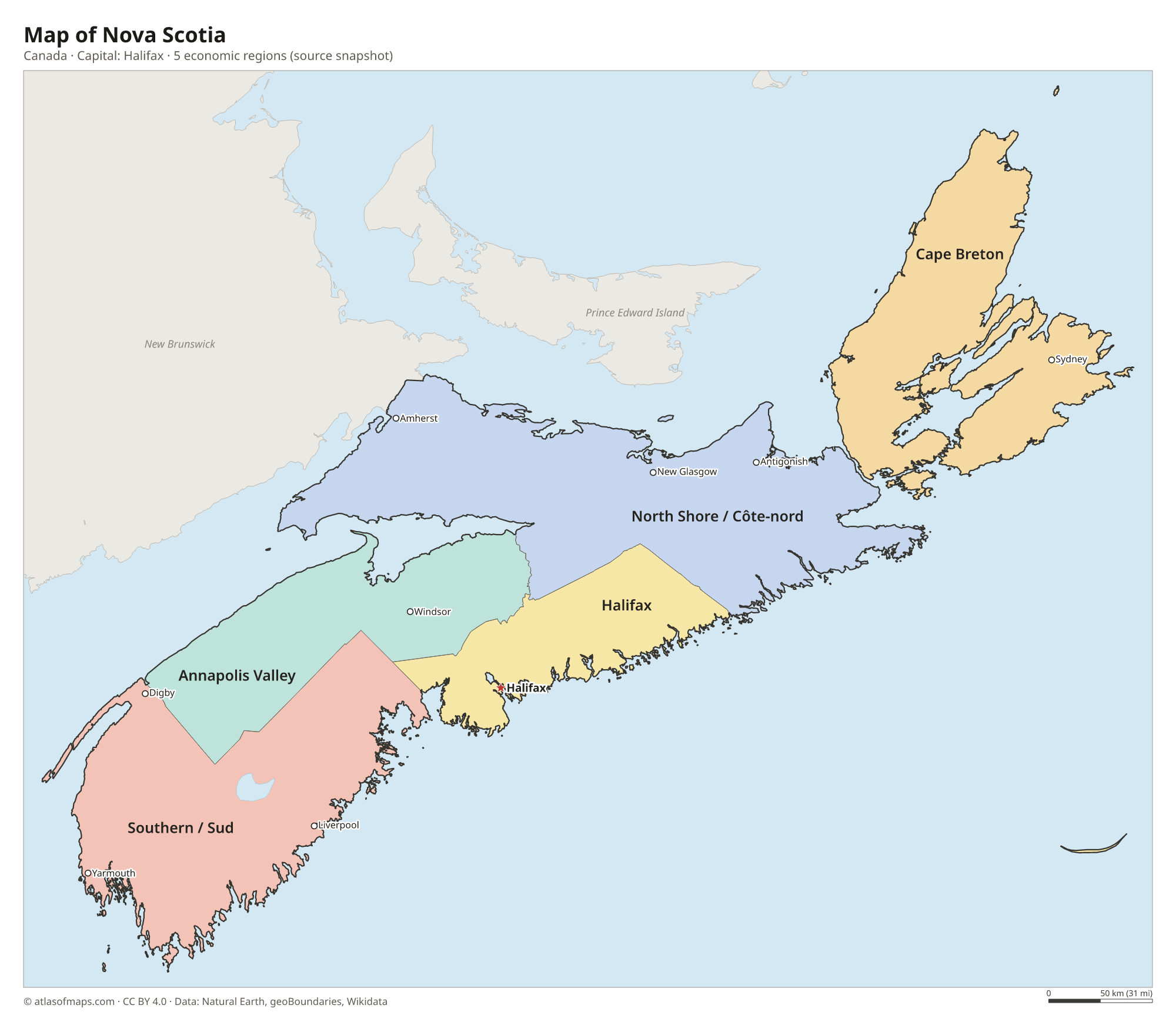 Map of Nova Scotia with the capital Halifax, cities and economic regions