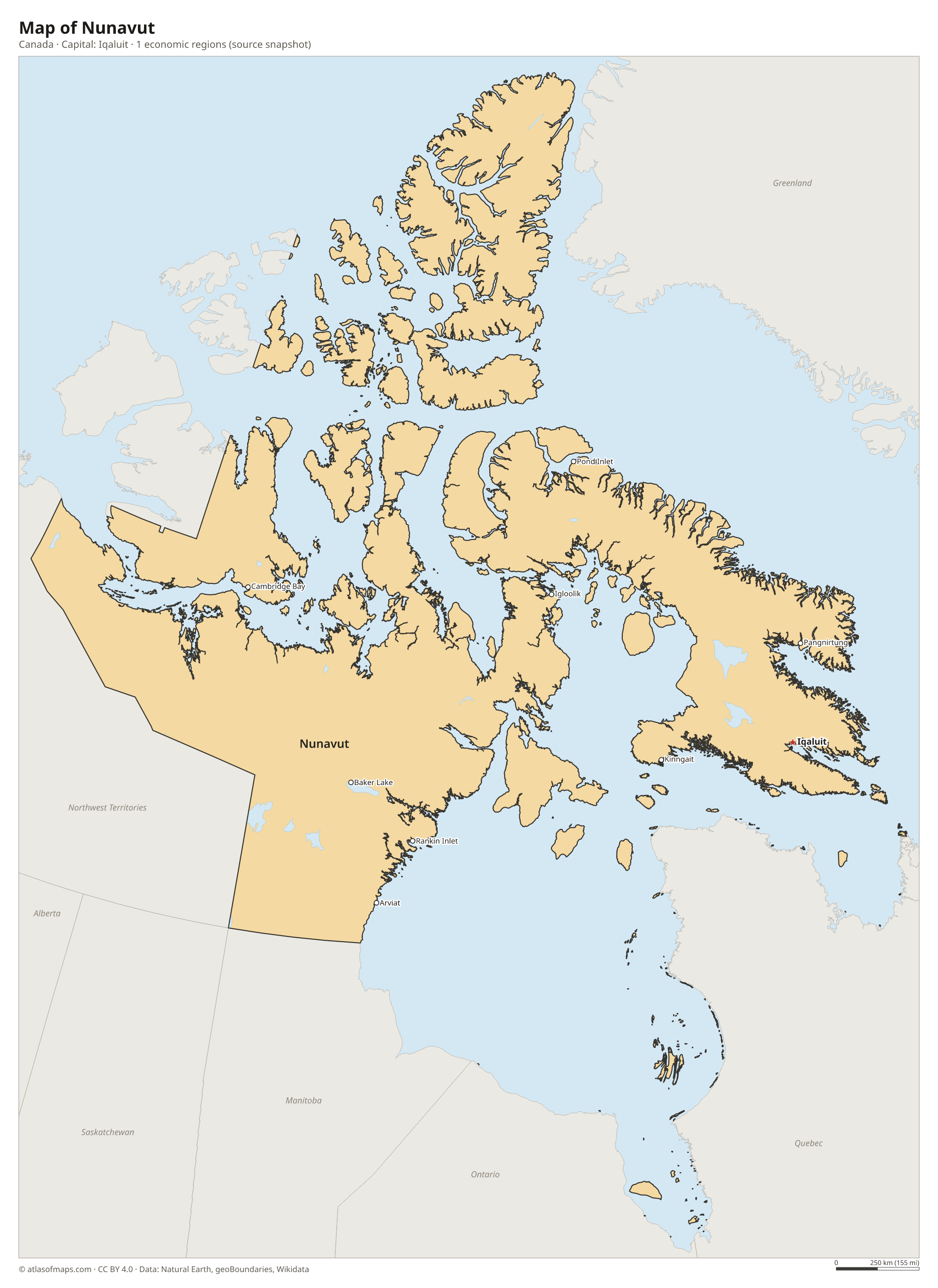 Map of Nunavut with the capital Iqaluit, cities and economic regions