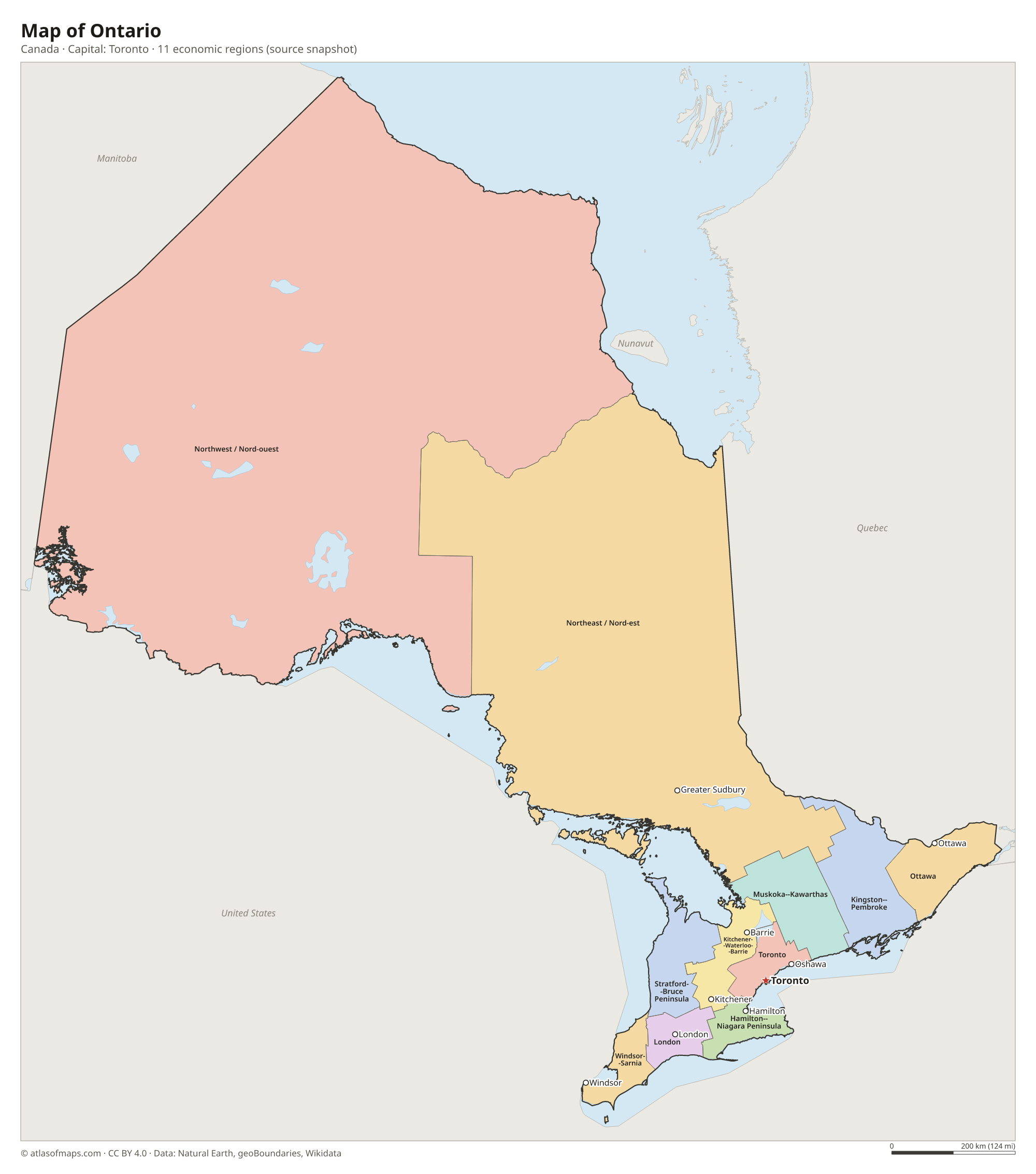 Map of Ontario with the capital Toronto, cities and economic regions
