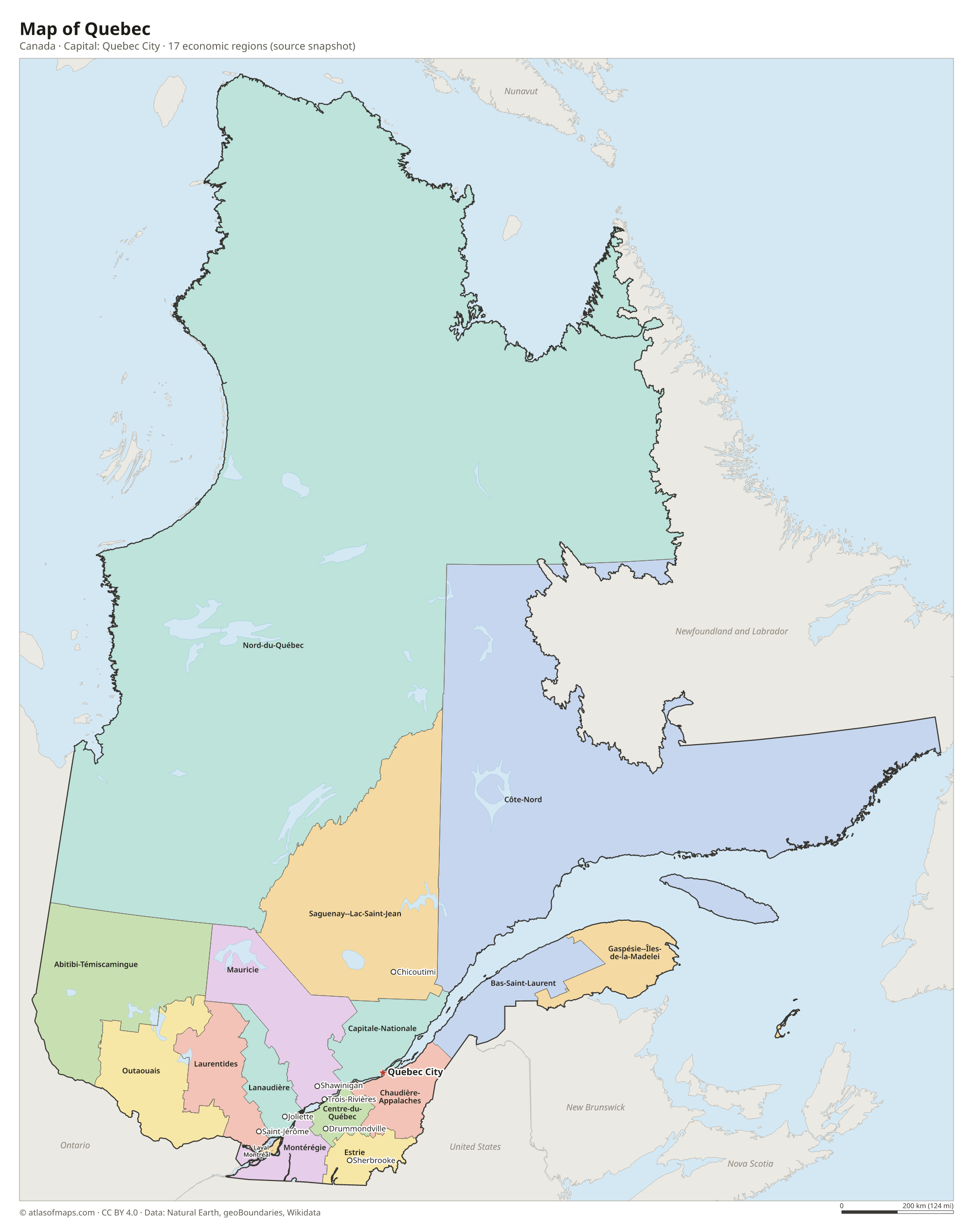 Map of Quebec with the capital Quebec City, cities and economic regions