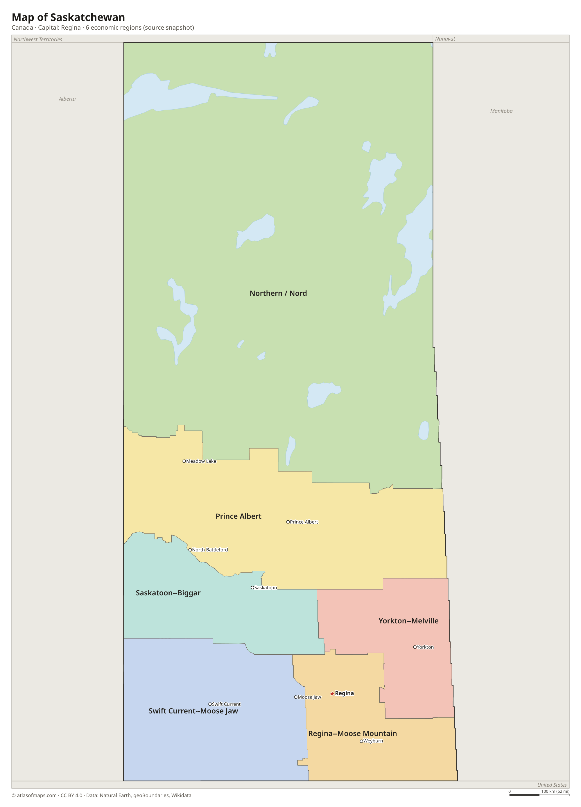 Map of Saskatchewan with the capital Regina, cities and economic regions