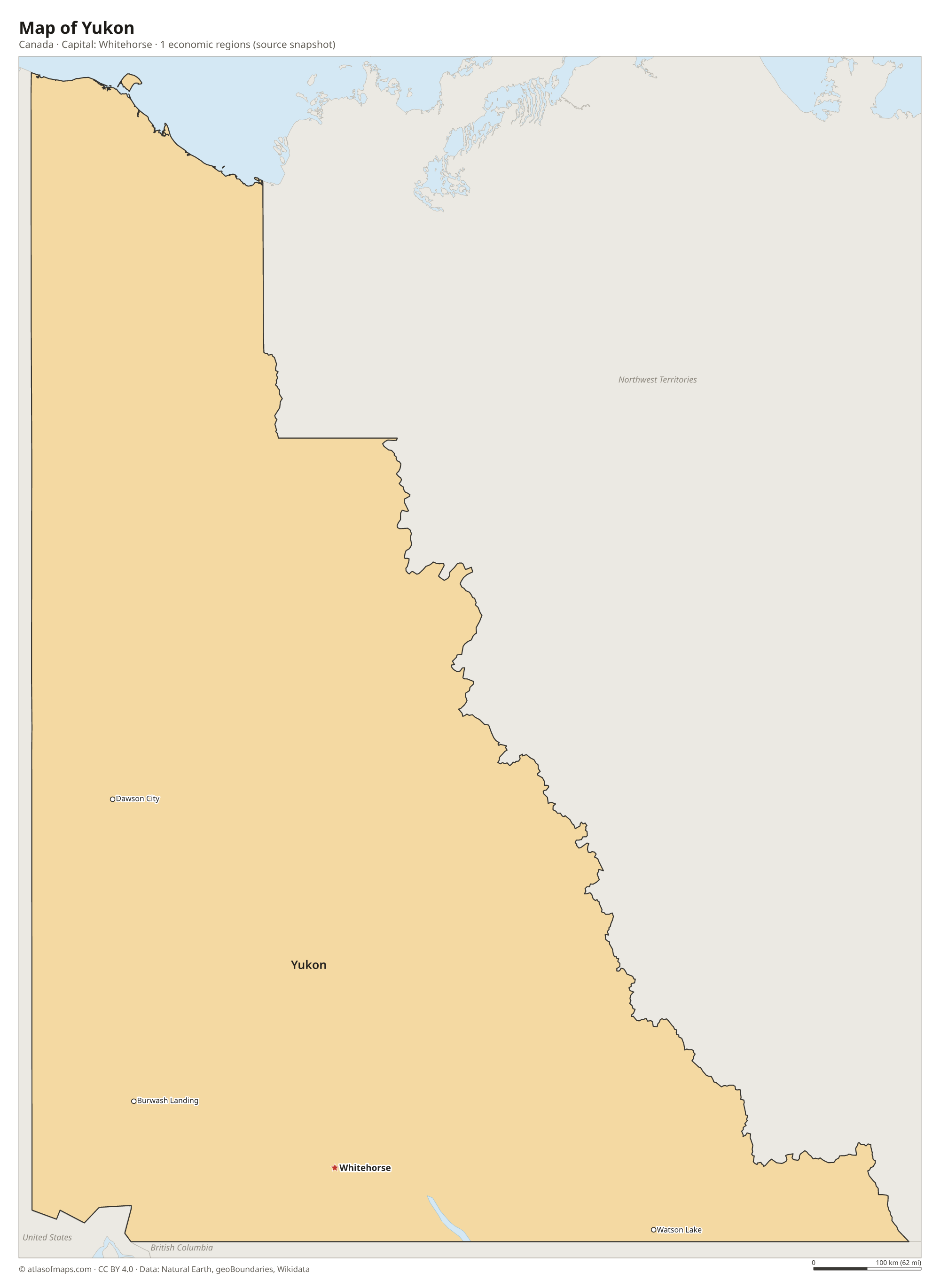 Map of Yukon with the capital Whitehorse, cities and economic regions