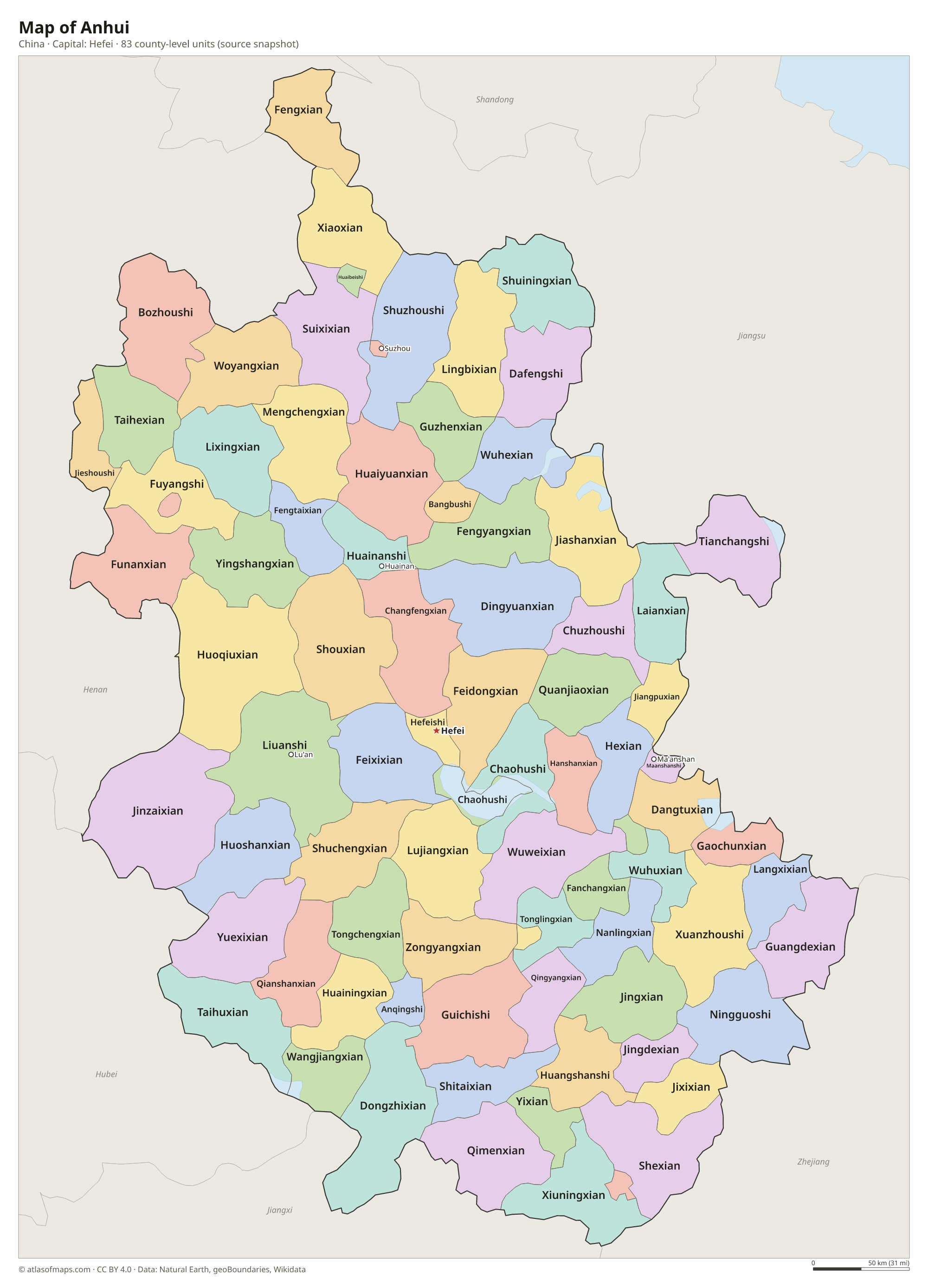 Map of Anhui with the capital Hefei, cities and county-level units