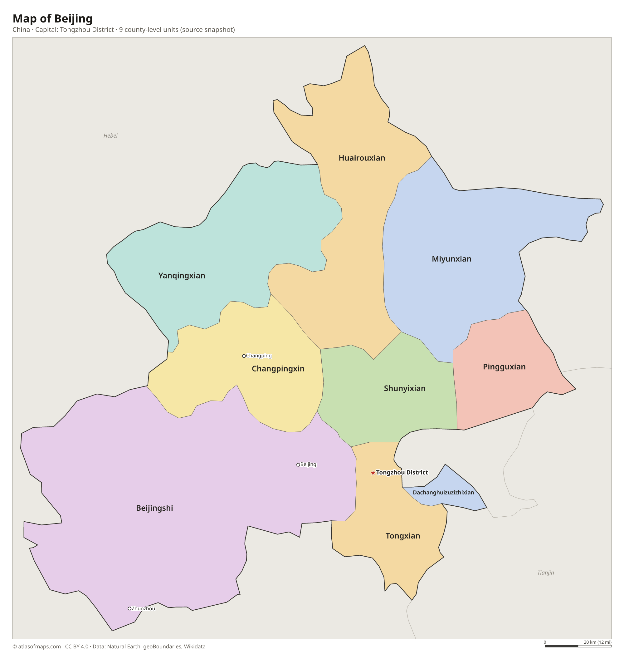 Map of Beijing with the capital Tongzhou District, cities and county-level units