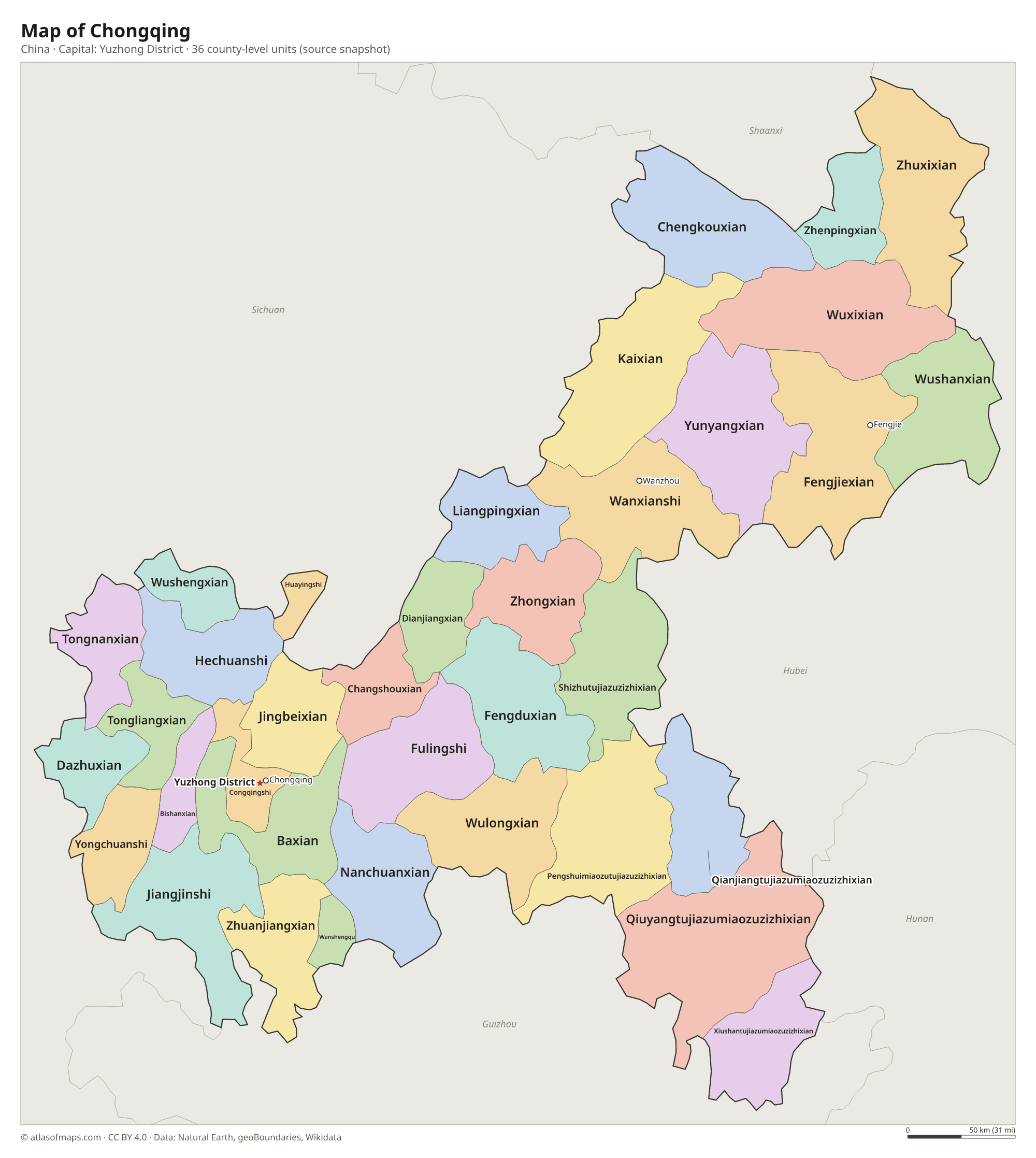 Map of Chongqing with the capital Yuzhong District, cities and county-level units