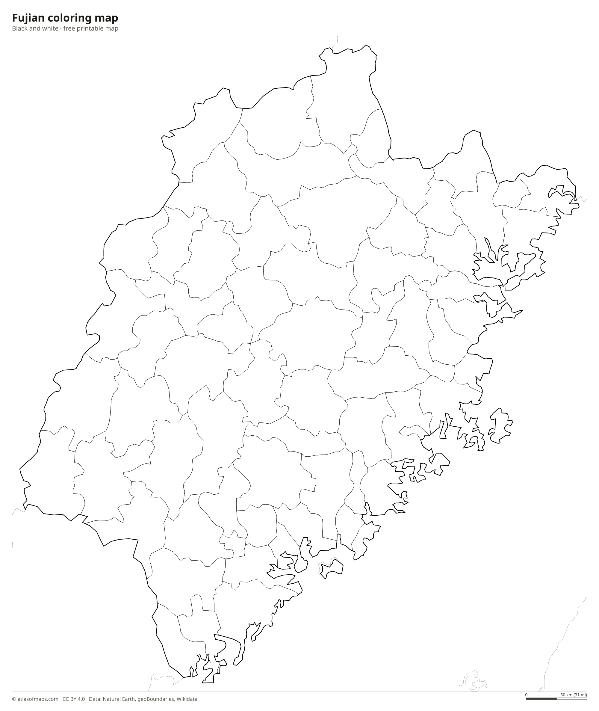 Black-and-white coloring map of Fujian