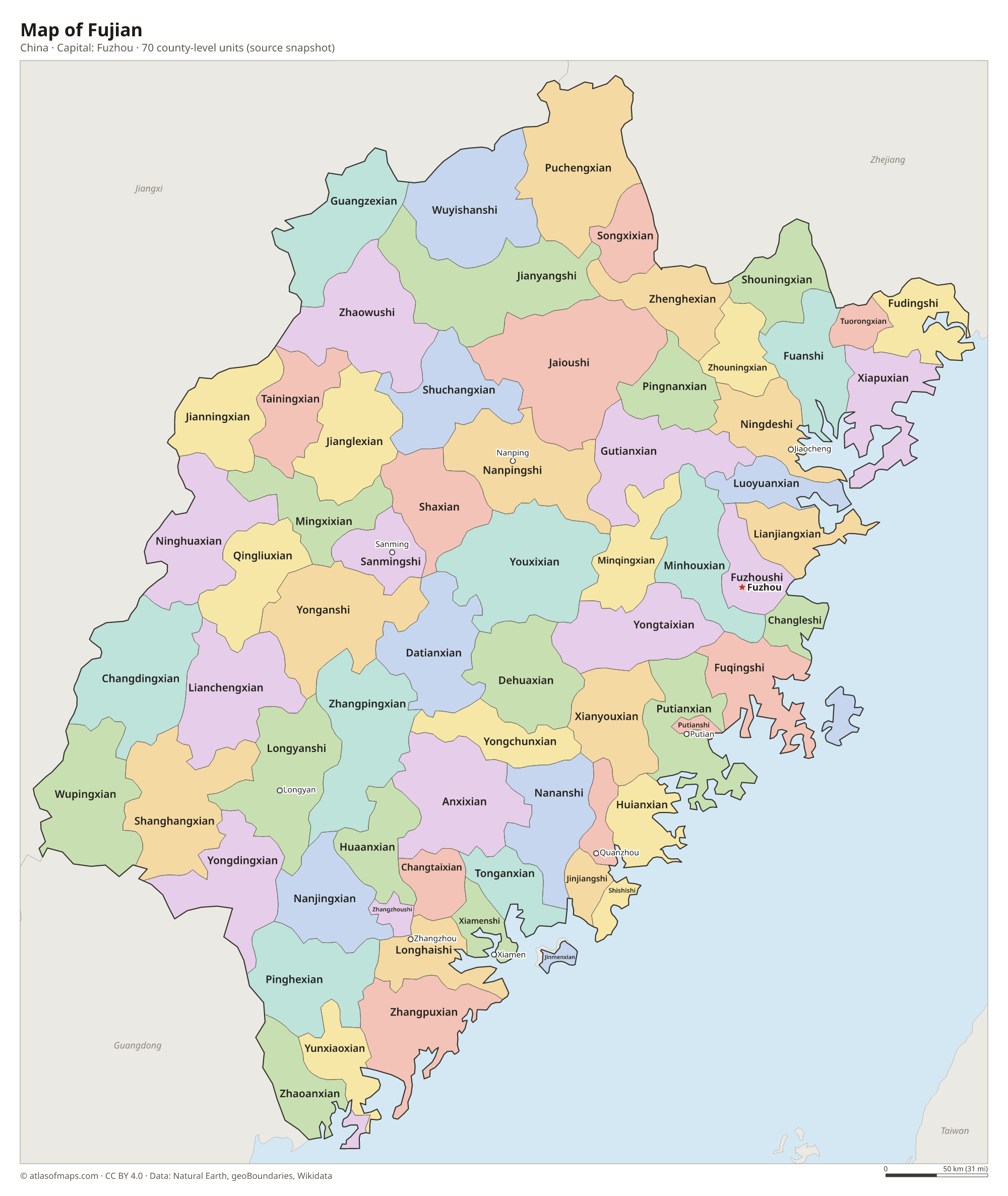 Map of Fujian with the capital Fuzhou, cities and county-level units