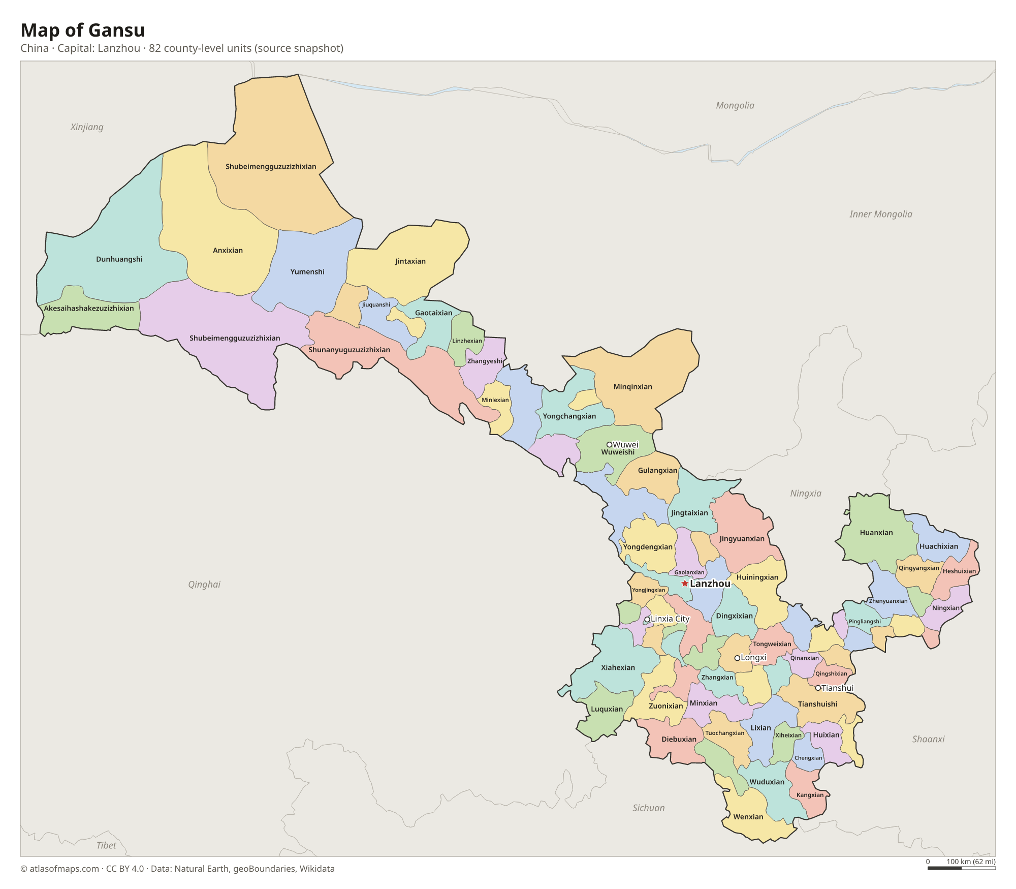 Map of Gansu with the capital Lanzhou, cities and county-level units