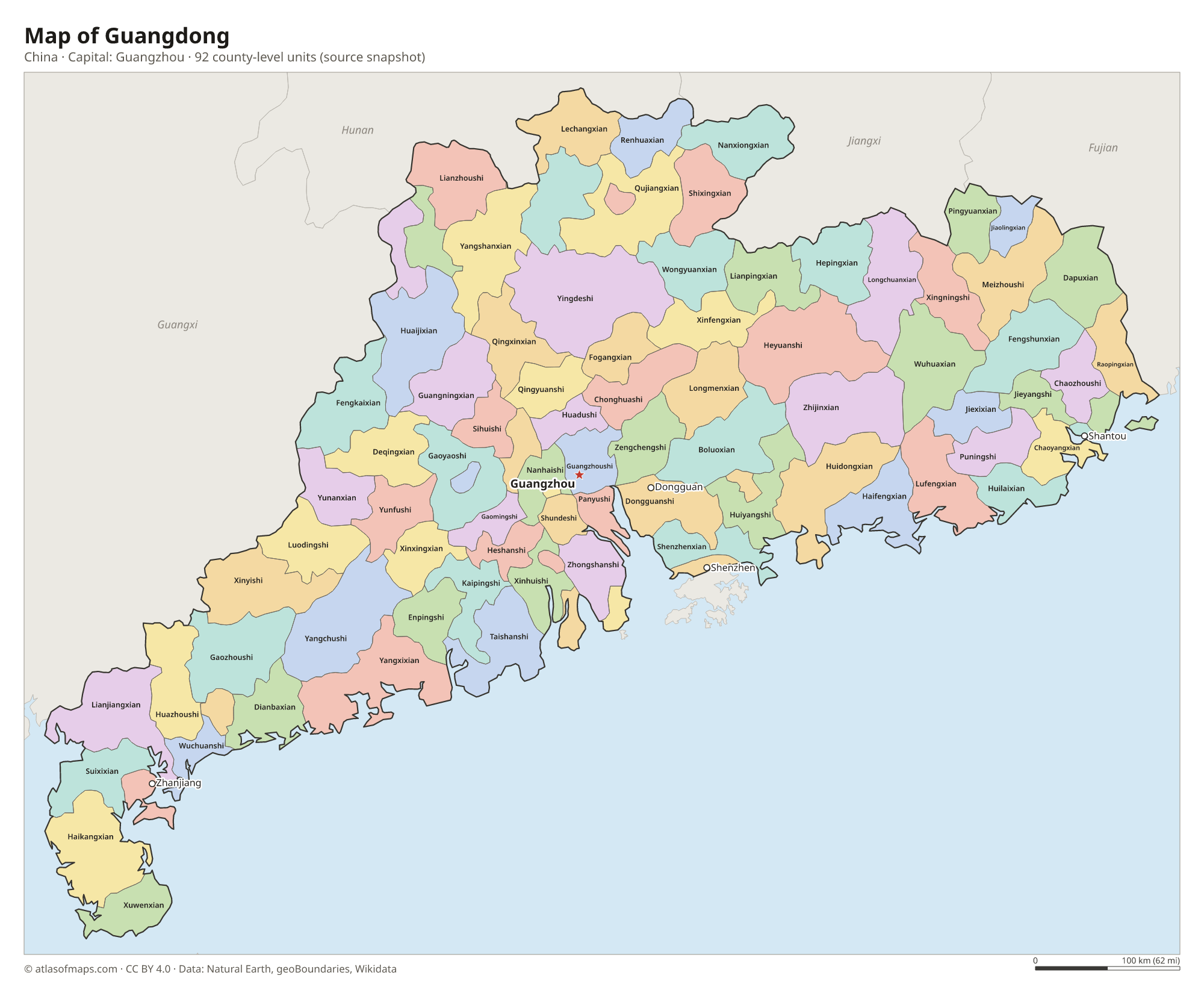 Map of Guangdong with the capital Guangzhou, cities and county-level units