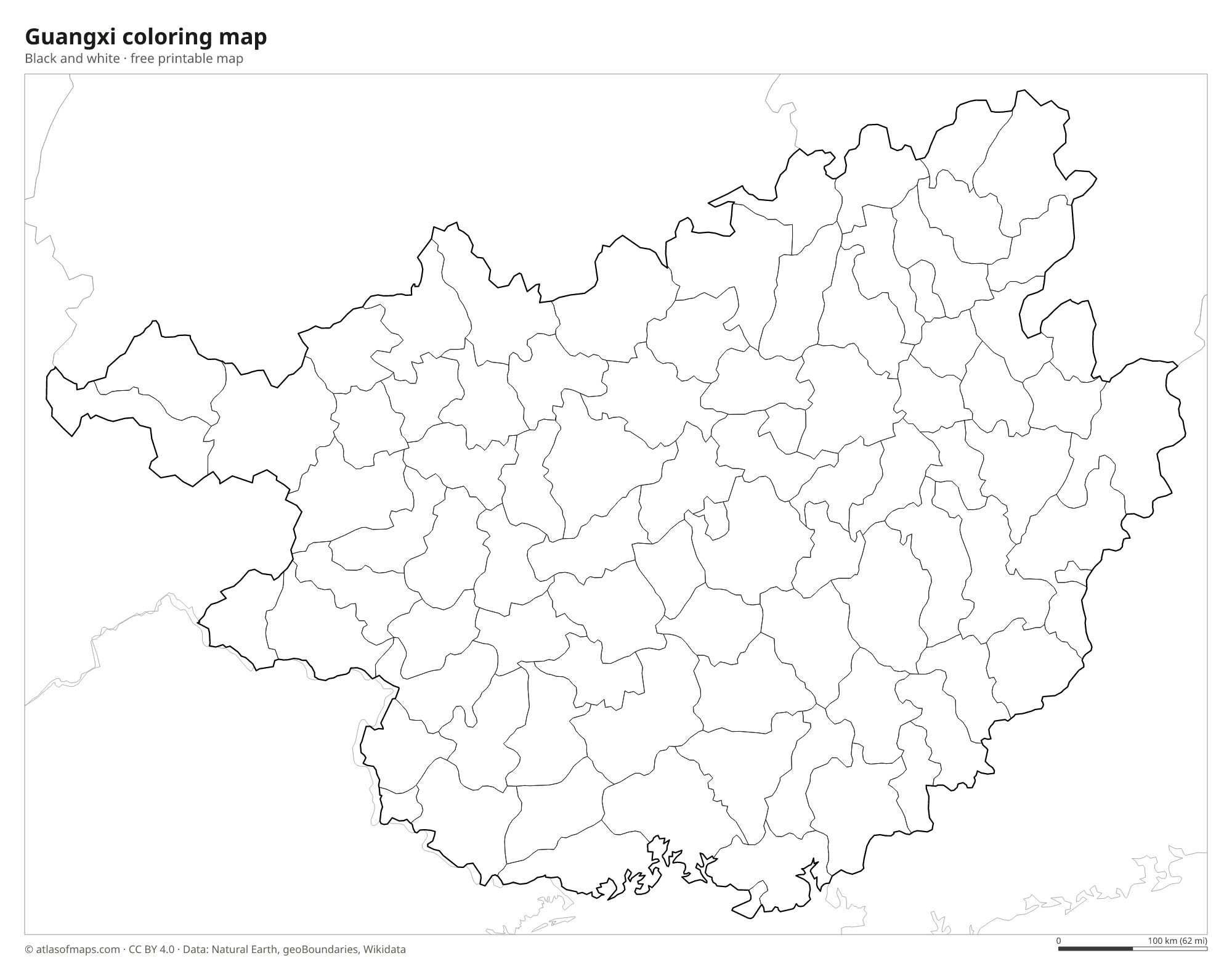 Black-and-white coloring map of Guangxi